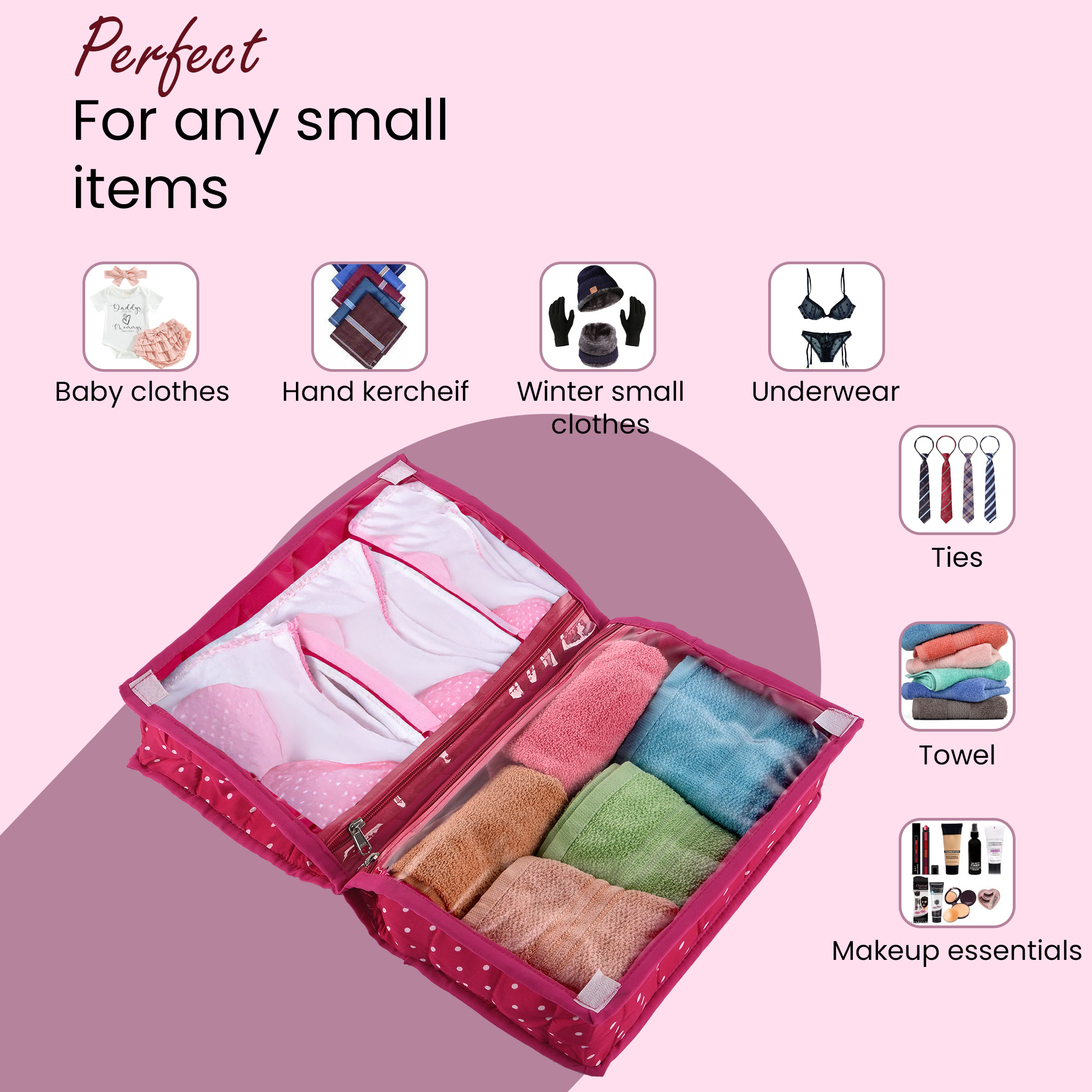 Kuber Industries Lingerie Organizer for Women  Bra Storage Pouch Sanitary Pads  Innerwear Organizer for Travel  Polka Dots - Pink