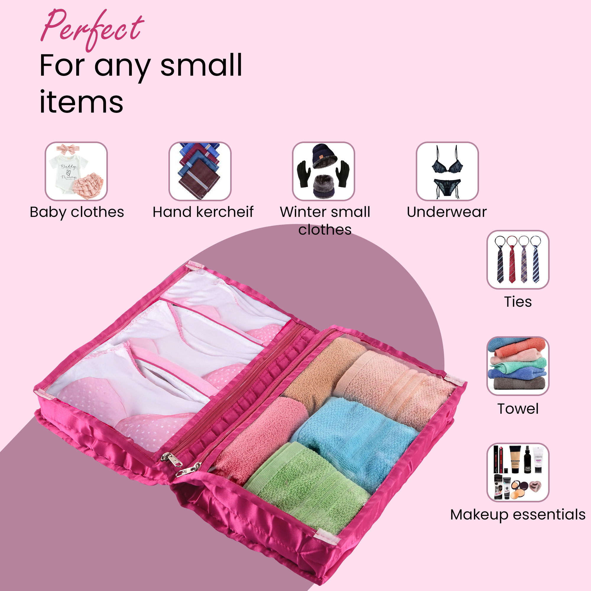Kuber Industries Lingerie Organizer for Women  Bra Storage Pouch Sanitary Pads  Innerwear Organizer for Travel  Satin Frill - Pink