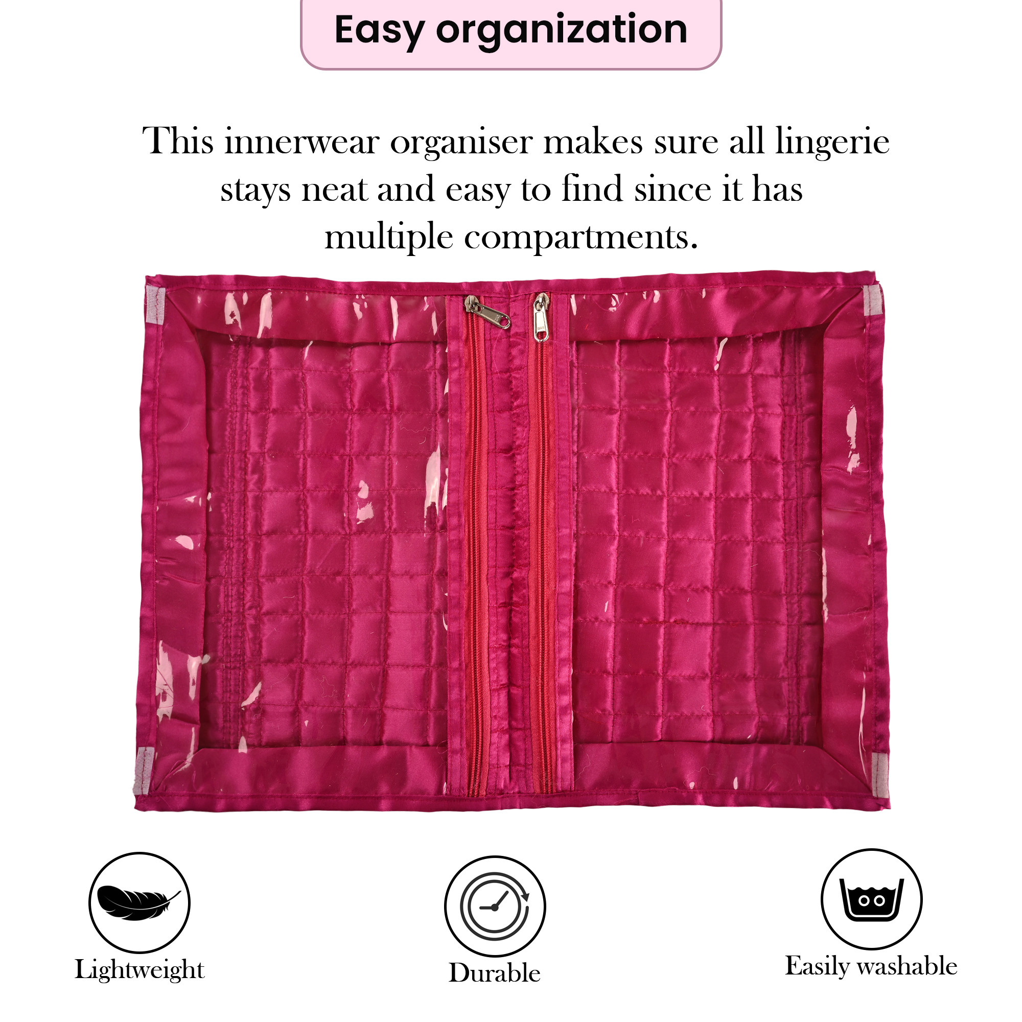 Kuber Industries Lingerie Organizer for Women  Bra Storage Pouch Sanitary Pads  Innerwear Organizer for Travel  Satin Frill - Pink