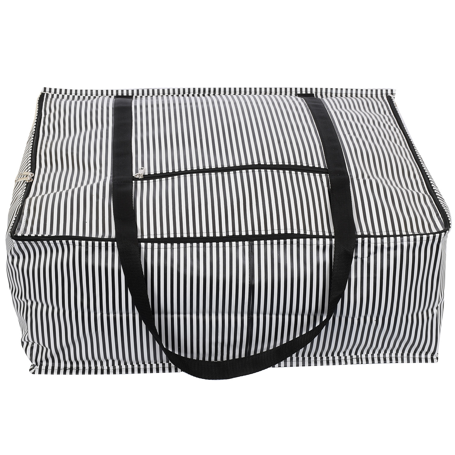 Kuber Industries Lining Design Rexine Jumbo Underbed Moisture Proof Storage Bags For Clothes with Zipper Closure and Handle (Black)