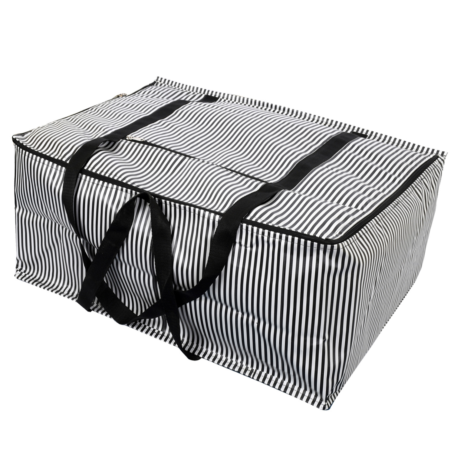 Kuber Industries Lining Design Rexine Jumbo Underbed Moisture Proof Storage Bags For Clothes with Zipper Closure and Handle (Black)