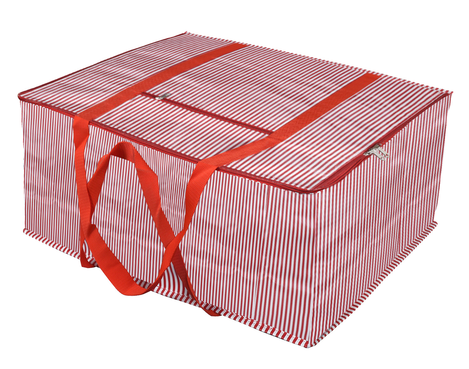Kuber Industries Lining Design Rexine Jumbo Underbed Moisture Proof Storage Bags For Clothes with Zipper Closure and Handle (Red)