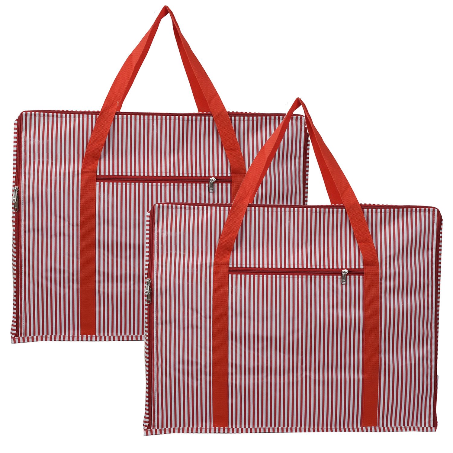Kuber Industries Lining Design Rexine Jumbo Underbed Moisture Proof Storage Bags For Clothes with Zipper Closure and Handle (Red)