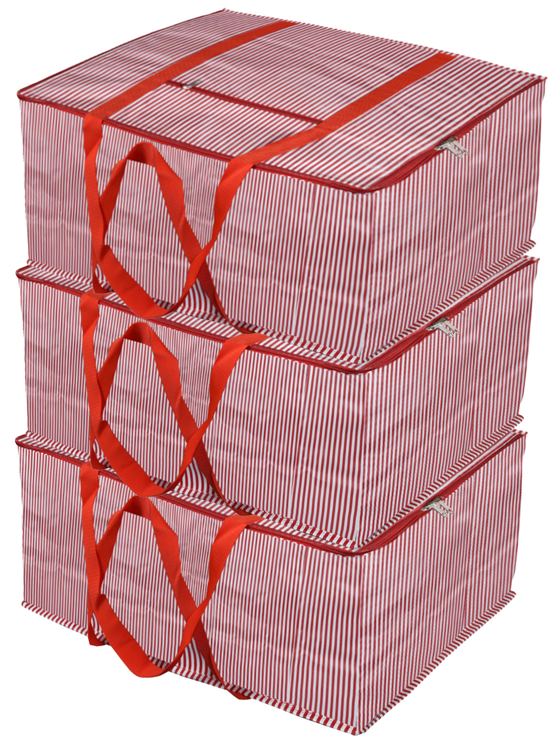 Kuber Industries Lining Design Rexine Jumbo Underbed Moisture Proof Storage Bags For Clothes with Zipper Closure and Handle (Red)