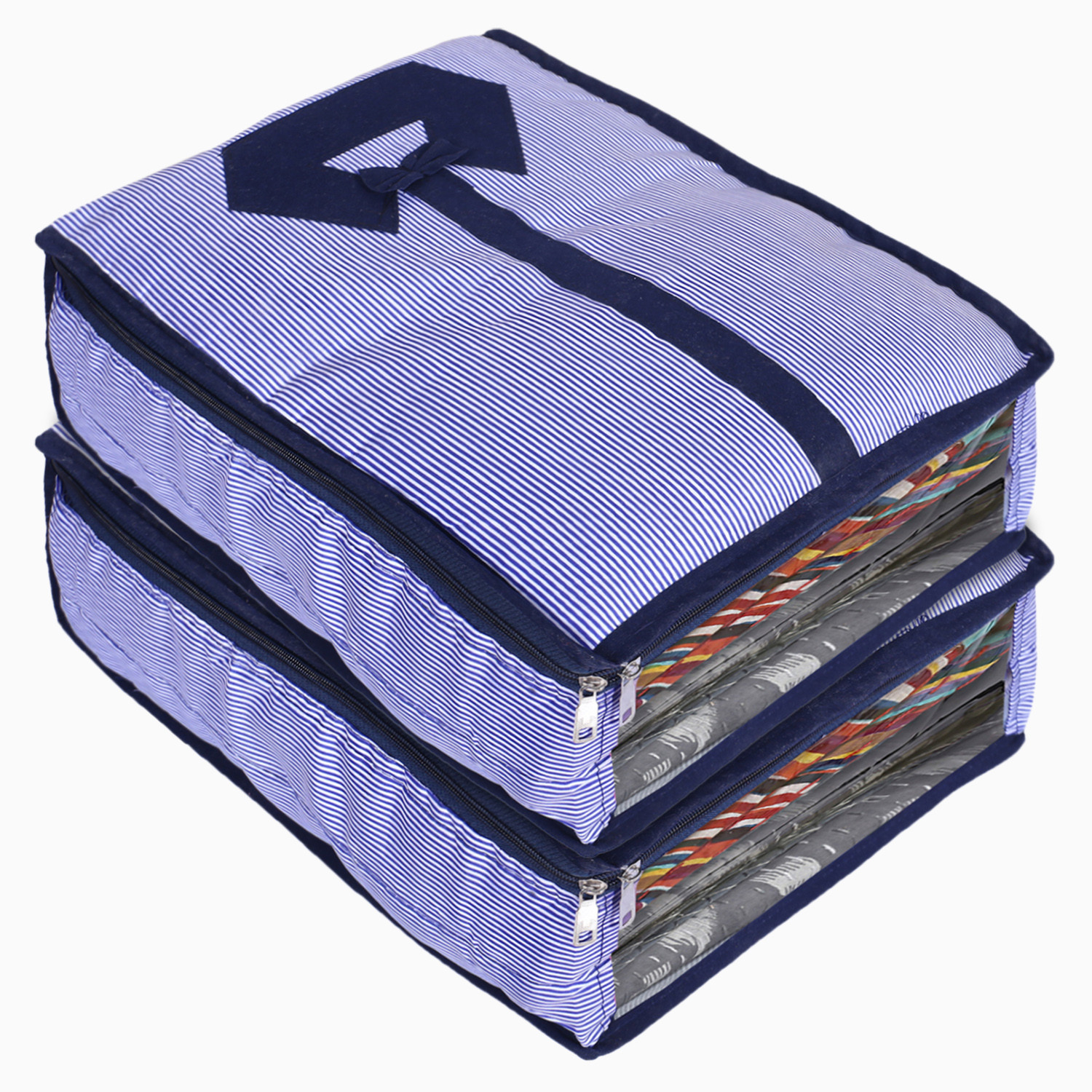 Kuber Industries Lining Print Cotton Shirt Cover/Clothing Organizer/Wardrobe Organizer With Window For Home, Traveling (Blue)