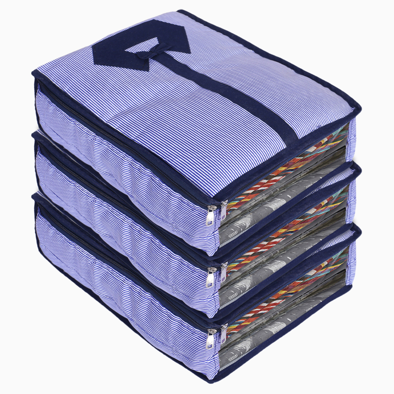 Kuber Industries Lining Print Cotton Shirt Cover/Clothing Organizer/Wardrobe Organizer With Window For Home, Traveling (Blue)