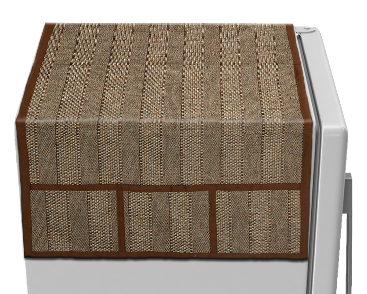 Kuber Industries Lining Print Jute Fridge Top Cover With 6 Utility Side Pockets (Golden)