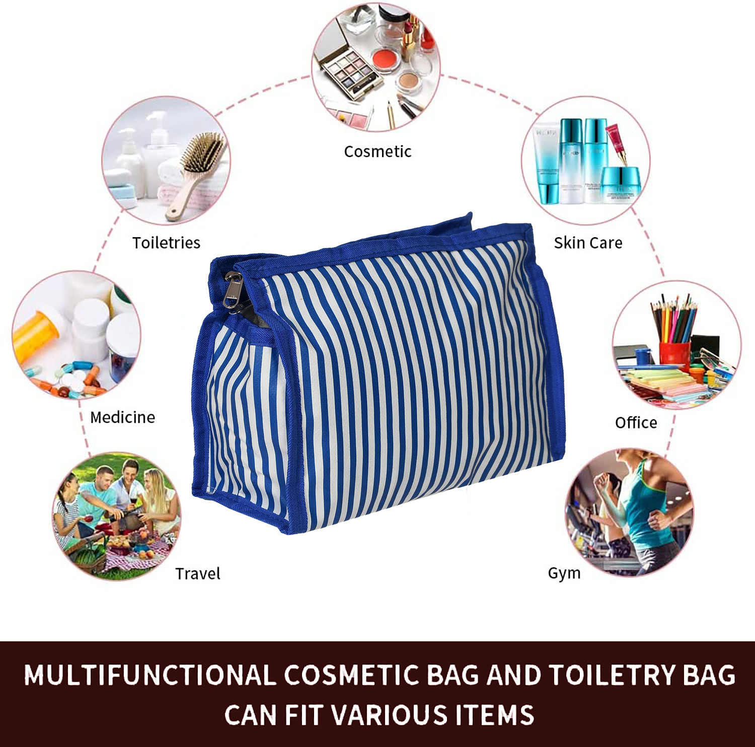 Kuber Industries Lining Print PVC Toiletry Bag For Home & Travelling With 3 Main Zipper (Blue) 54KM4350