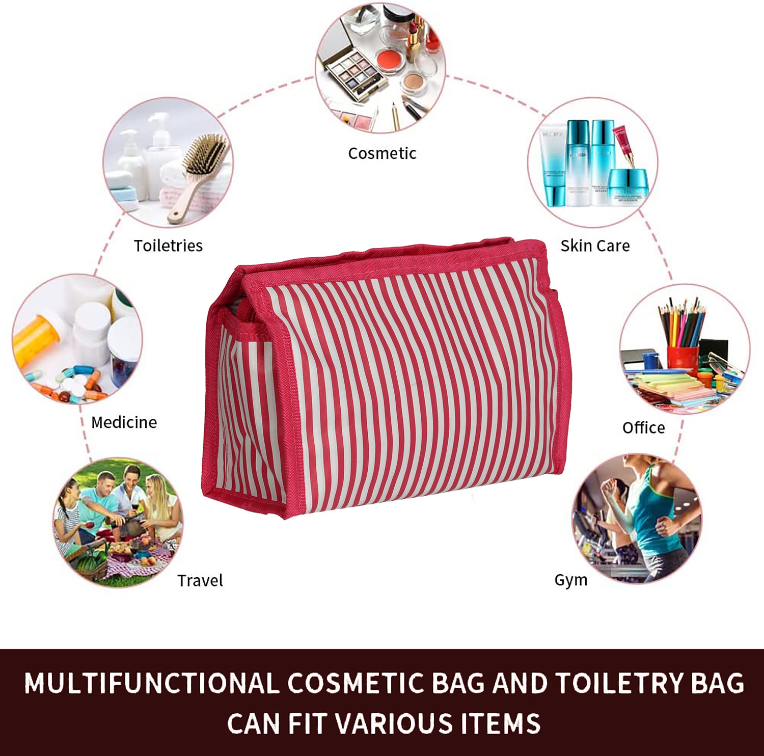 Kuber Industries Lining Print PVC Toiletry Bag For Home & Travelling With 3 Main Zipper (PInk) 54KM4352