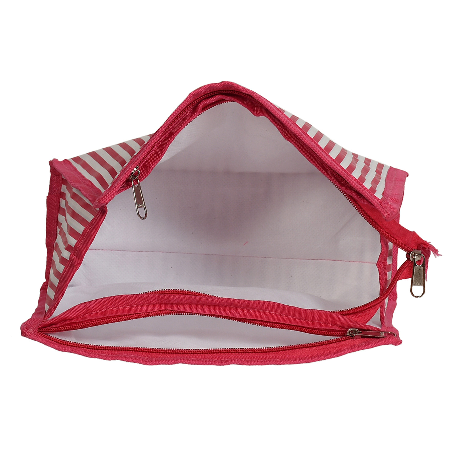 Kuber Industries Lining Print PVC Toiletry Bag For Home & Travelling With 3 Main Zipper (PInk) 54KM4352