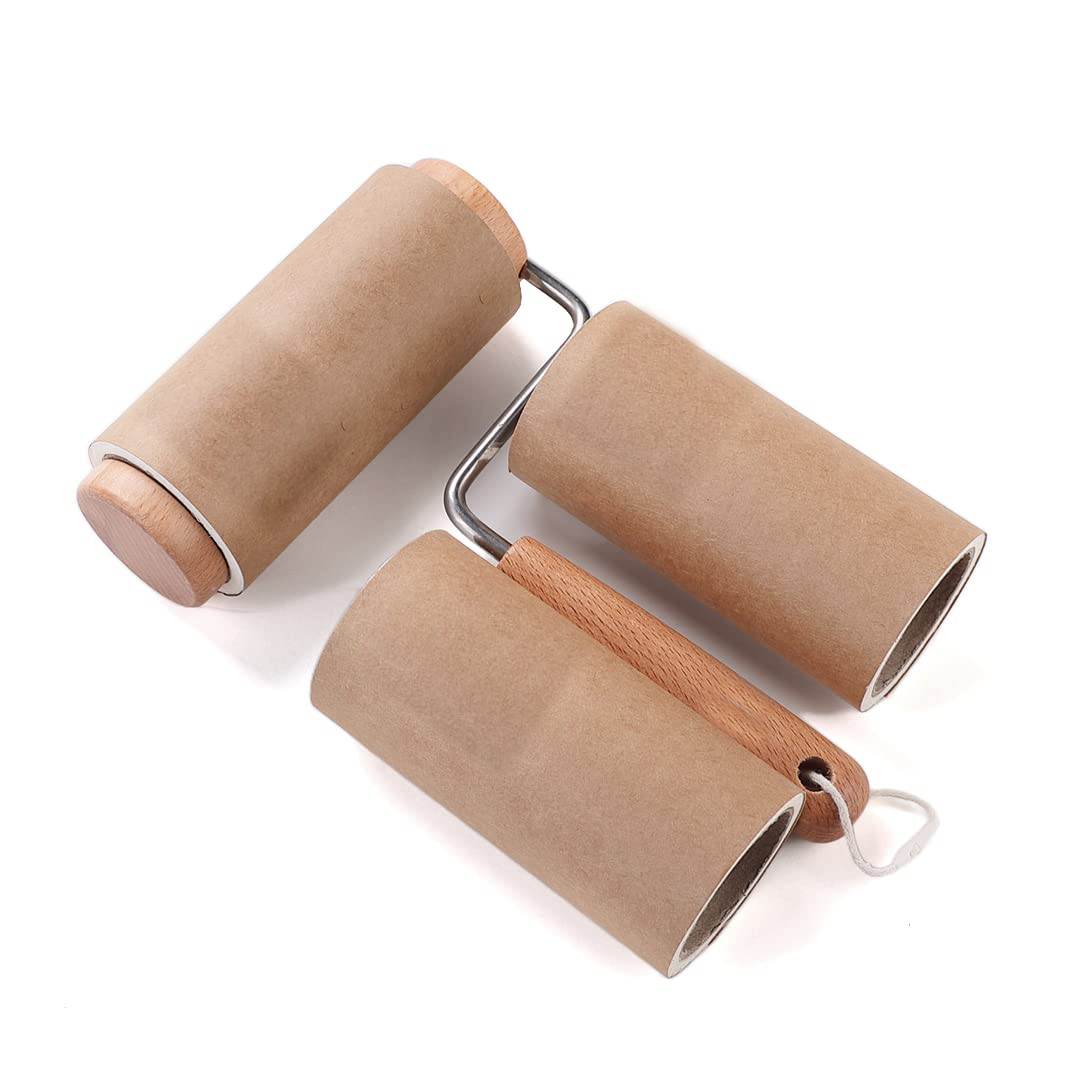 Kuber Industries Lint Roller | Wooden Lint Remover for Clothes | Pet Hair Roller | Sticky Lint Remover | 1 Roller + 2 Replacement Rolls -Total 180 Sheets | Brown