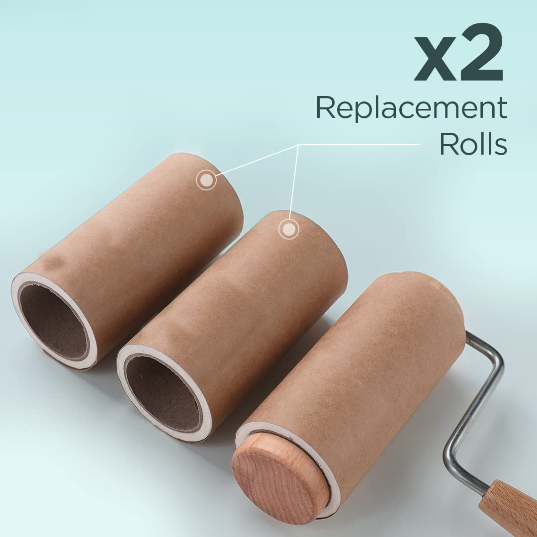 Kuber Industries Lint Roller | Wooden Lint Remover for Clothes | Pet Hair Roller | Sticky Lint Remover | 1 Roller + 2 Replacement Rolls -Total 180 Sheets | Brown