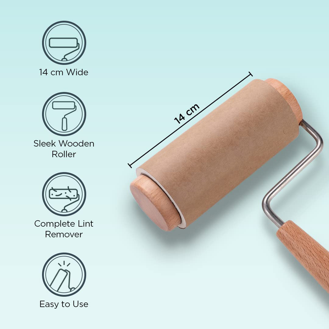 Kuber Industries Lint Roller | Wooden Lint Remover for Clothes | Pet Hair Roller | Sticky Lint Remover | 1 Roller + 2 Replacement Rolls -Total 180 Sheets | Brown