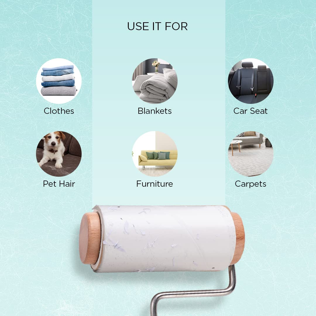 Kuber Industries Lint Roller | Wooden Lint Remover for Clothes | Pet Hair Roller | Sticky Lint Remover | 1 Roller + 2 Replacement Rolls -Total 180 Sheets | Brown