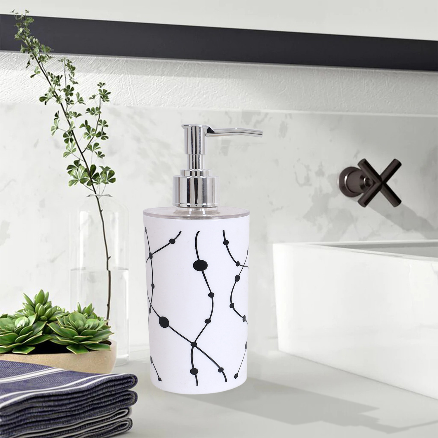 Kuber Industries Liquid Soap Dispenser|Dot Print Plastic Empty Bathroom Sanitizer|Lotion|Shampoo Dispenser Bottle,300 ML (White)