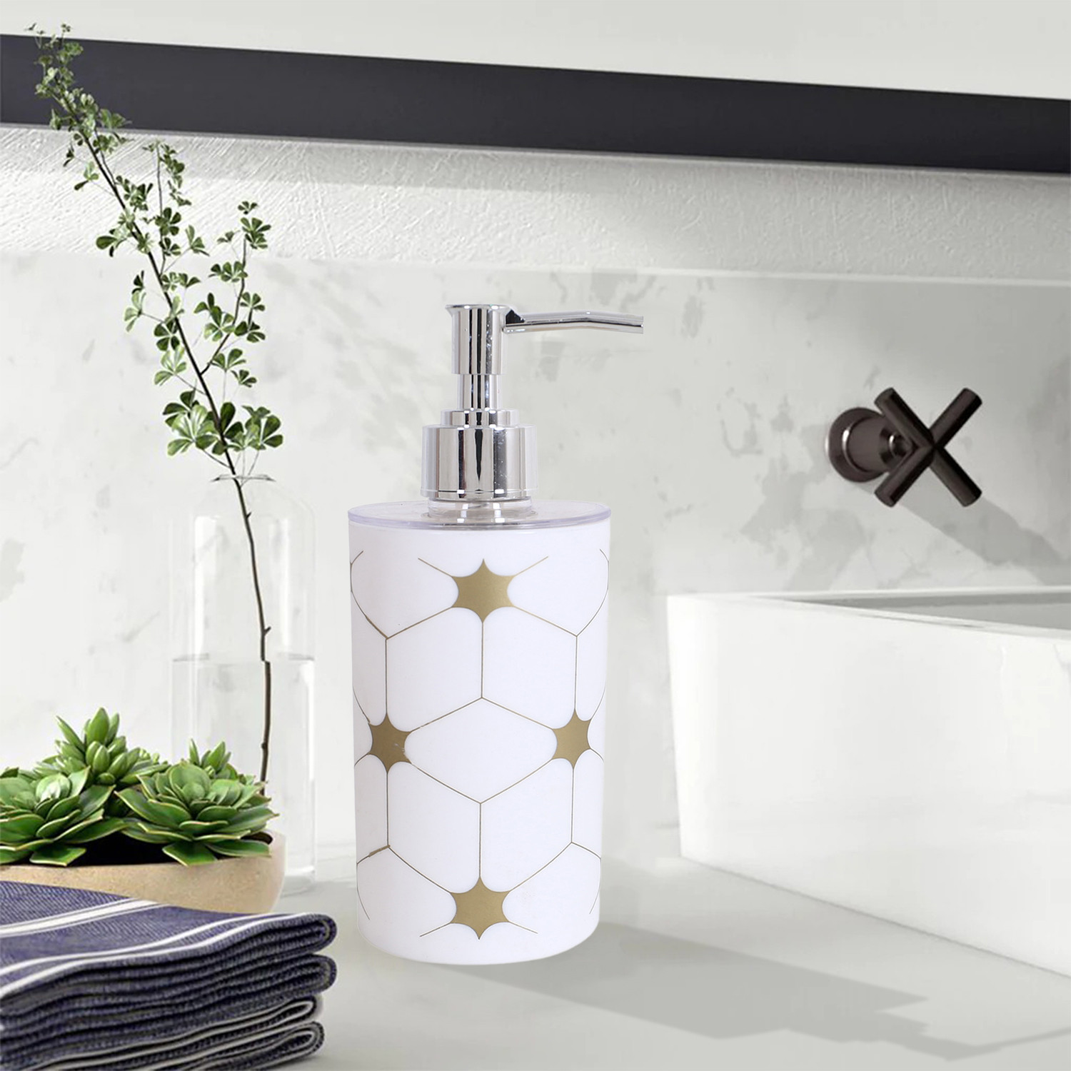 Kuber Industries Liquid Soap Dispenser|Star Print Plastic Empty Bathroom Sanitizer|Lotion|Shampoo Dispenser Bottle,300 ML (White)