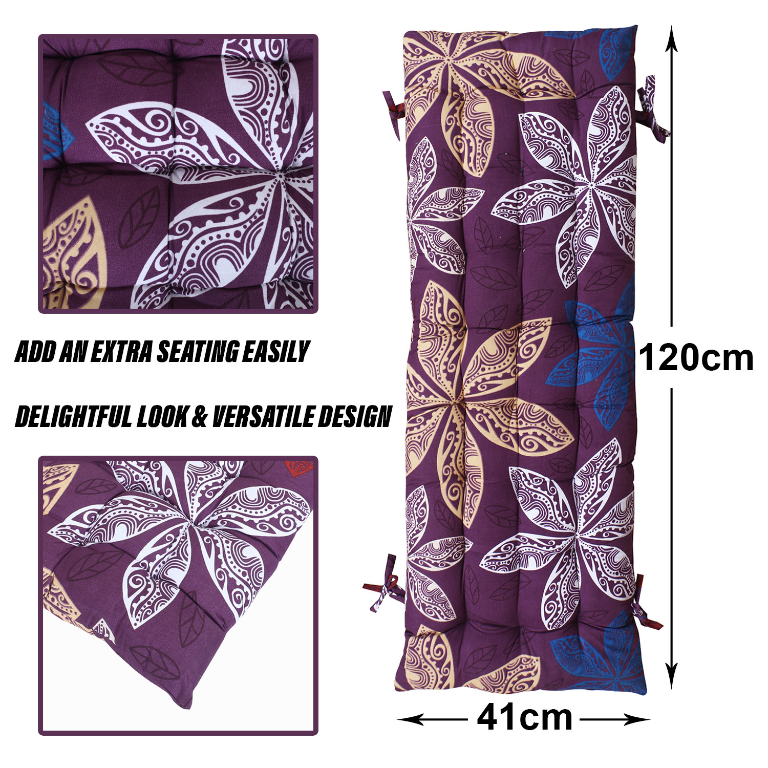 Kuber Industries Long Chair pad | Glance Cotton Long Seat Cushion | Rocking Chair Cushions | Chair Back Rest Pillow | Flower Chair pad for Meditation | Living Room | Purple