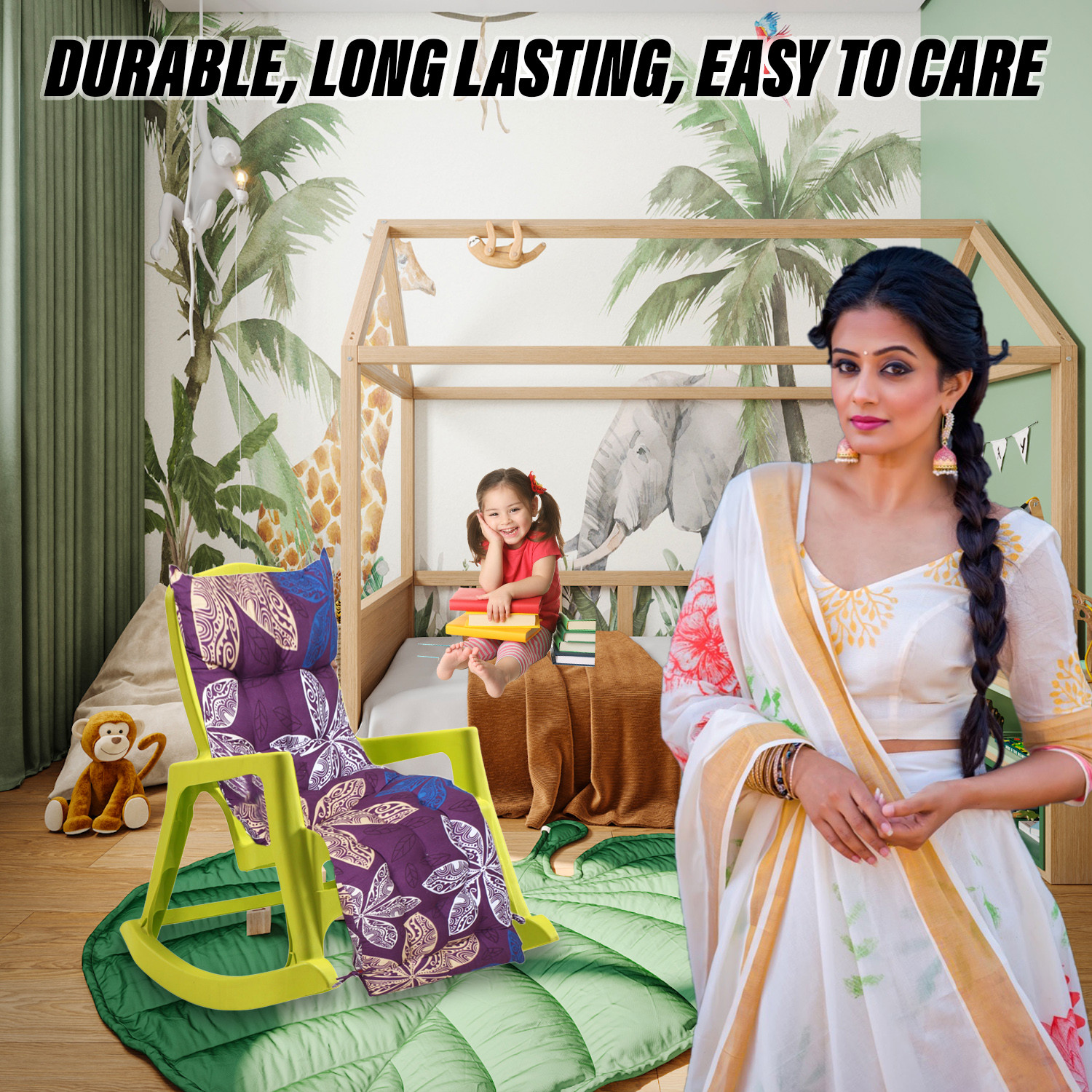 Kuber Industries Long Chair pad | Glance Cotton Long Seat Cushion | Rocking Chair Cushions | Chair Back Rest Pillow | Flower Chair pad for Meditation | Living Room | Purple