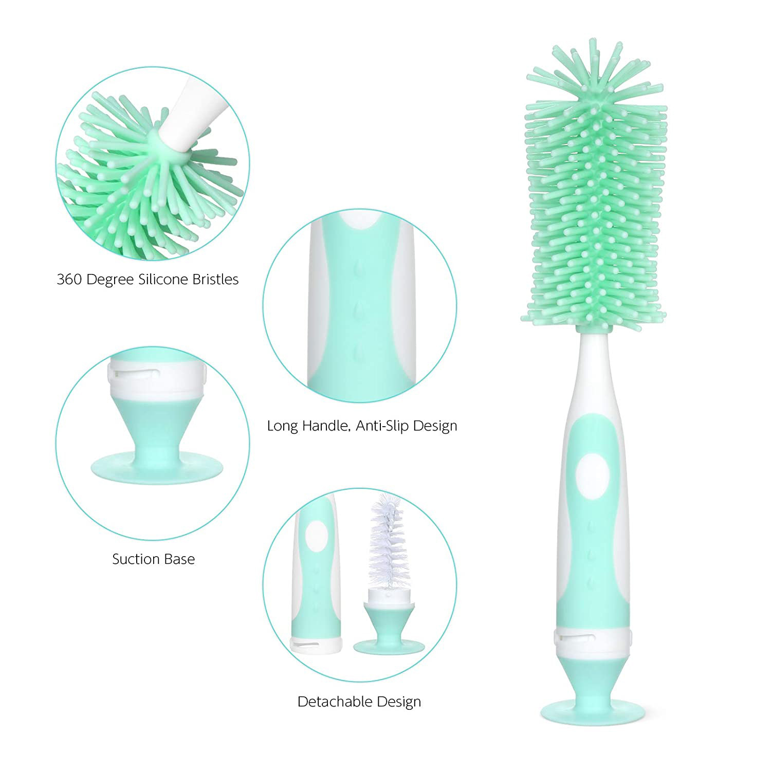 Kuber Industries Long Handle Bottle Brush|360 Degree Soft Bristle Base Detachable Baby Bottle Cleaner,10 Inch (Green)