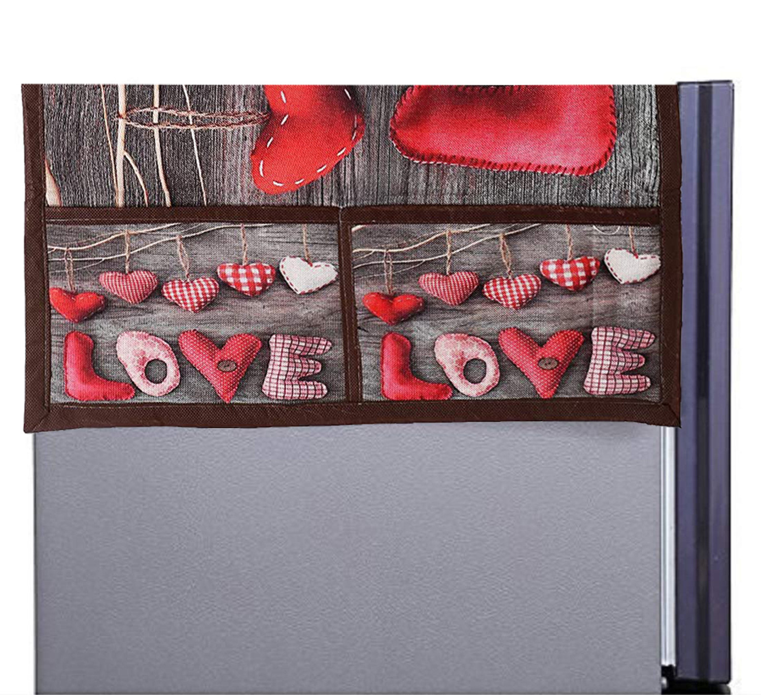 Kuber Industries Love Heart Print Jute 3-Layered Fridge/Refrigerator Top Cover with 6 Utility Pockets,Brown