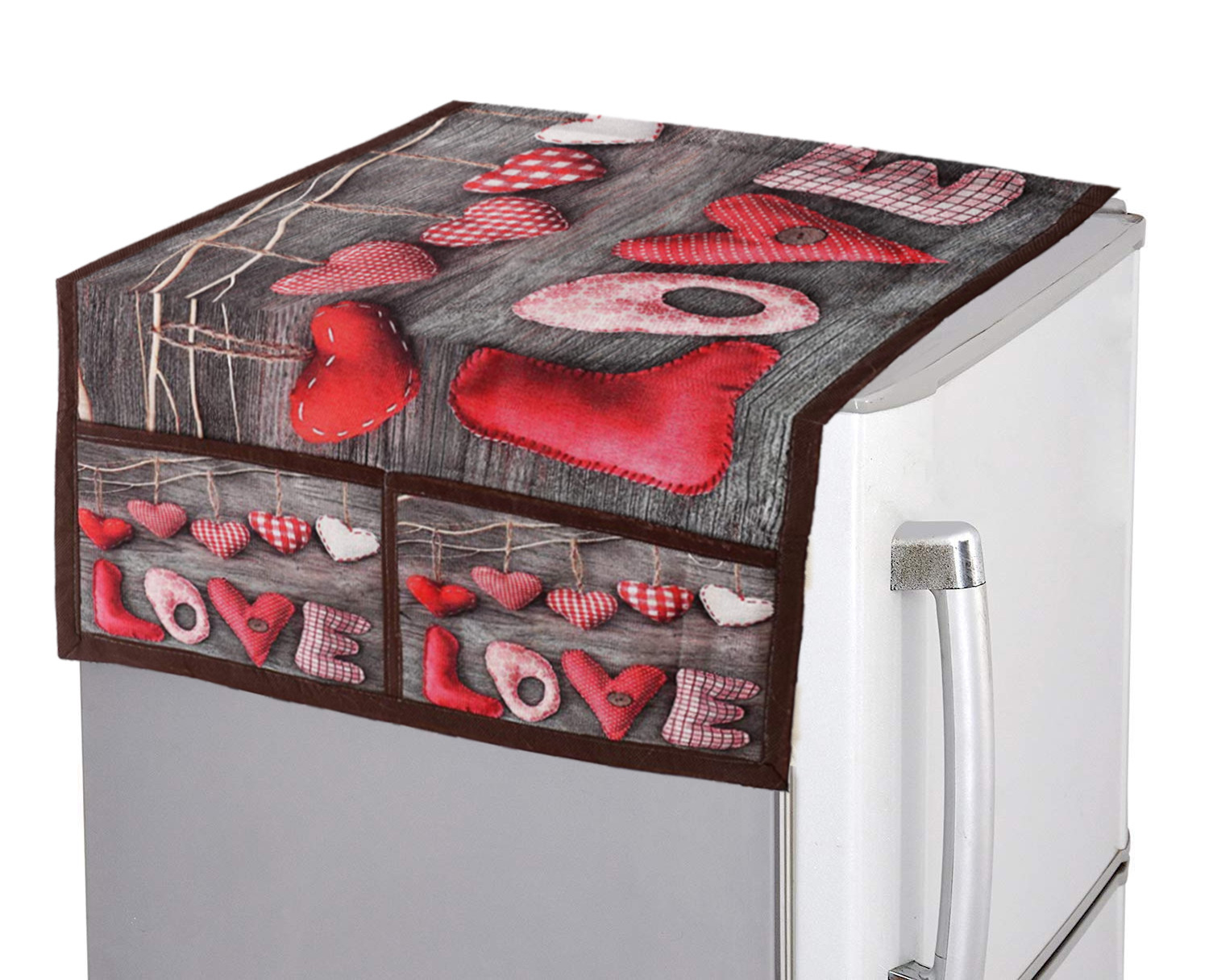 Kuber Industries Love Heart Print Jute 3-Layered Fridge/Refrigerator Top Cover with 6 Utility Pockets,Brown