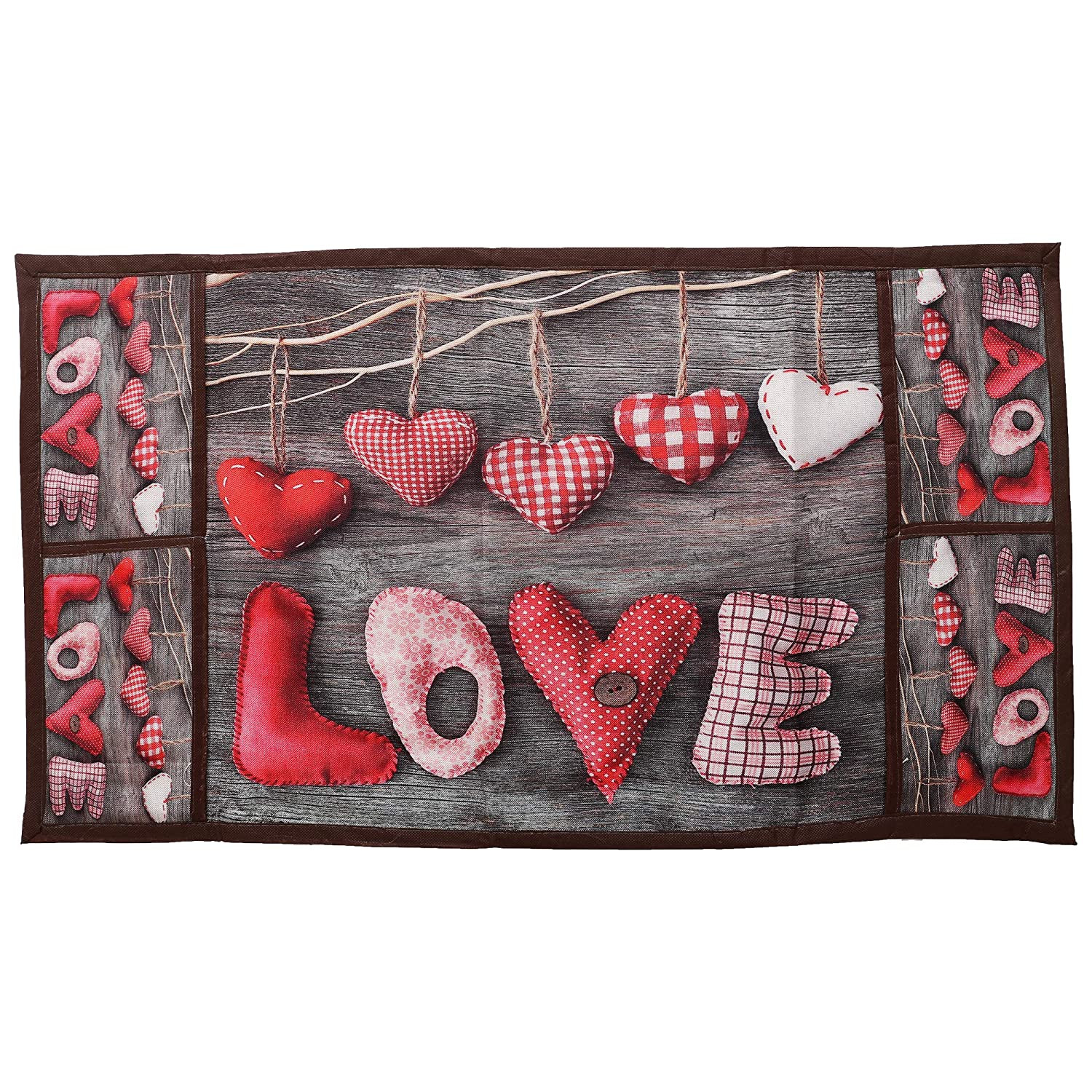 Kuber Industries Love Heart Print Jute 3-Layered Fridge/Refrigerator Top Cover with 6 Utility Pockets,Brown