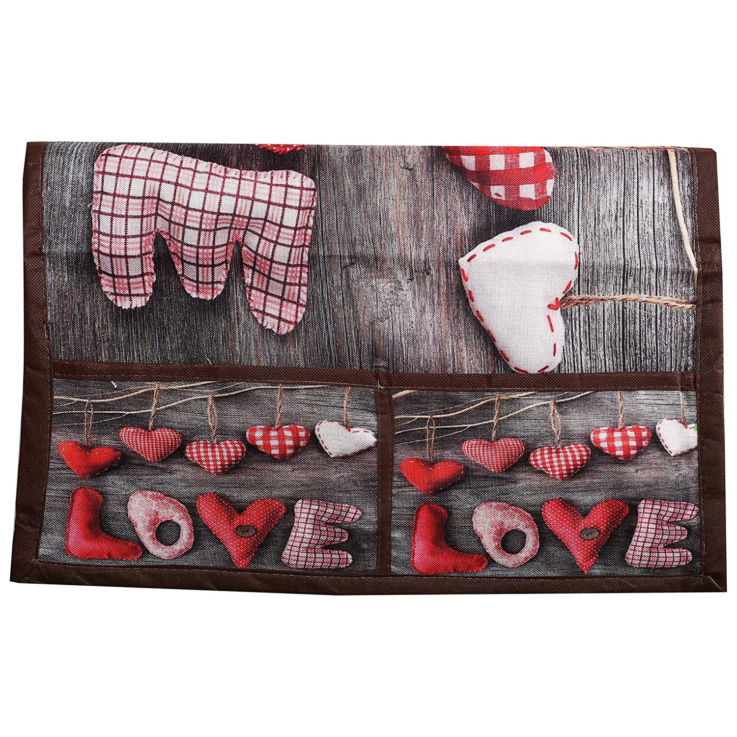 Kuber Industries Love Heart Print Jute 3-Layered Fridge/Refrigerator Top Cover with 6 Utility Pockets,Brown