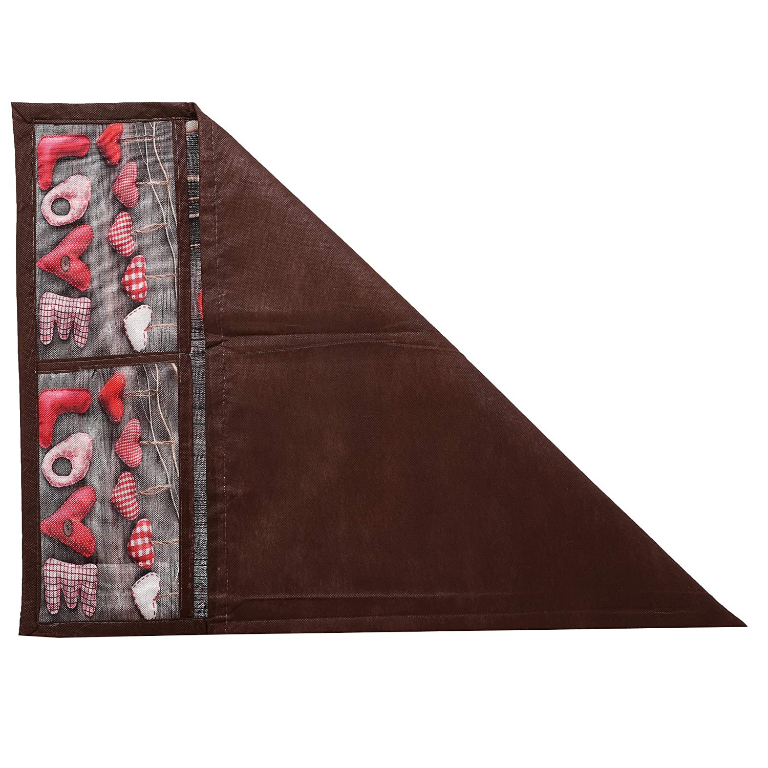 Kuber Industries Love Heart Print Jute 3-Layered Fridge/Refrigerator Top Cover with 6 Utility Pockets,Brown