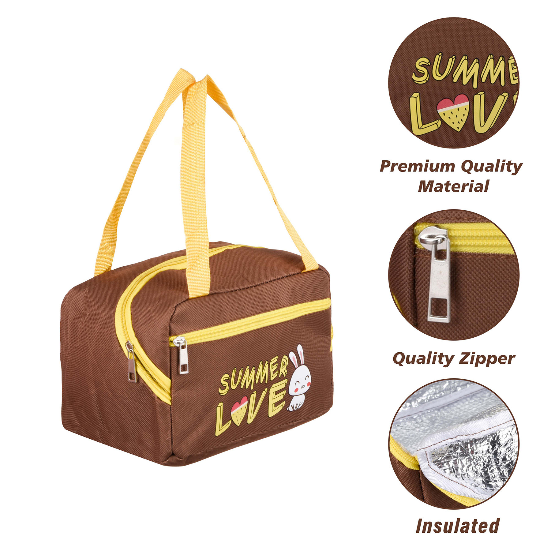 Kuber Industries Lunch Bag  Insulated Lunch Bag  Lunch Bag for Office  Lunch Bag for Camping with Front Pocket  Waterproof Tiffin Cover with Handle  Summer Rabbit  Brown