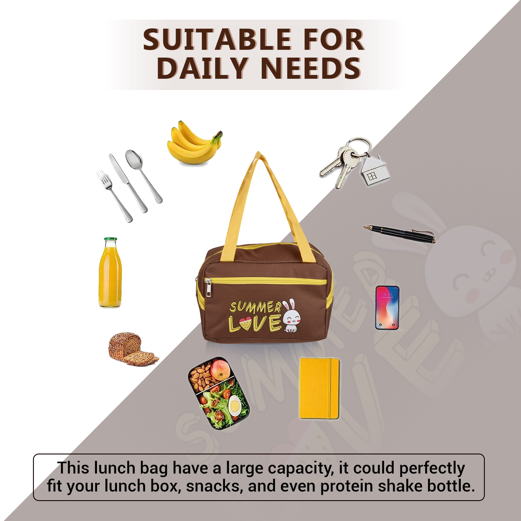 Kuber Industries Lunch Bag  Insulated Lunch Bag  Lunch Bag for Office  Lunch Bag for Camping with Front Pocket  Waterproof Tiffin Cover with Handle  Summer Rabbit  Brown