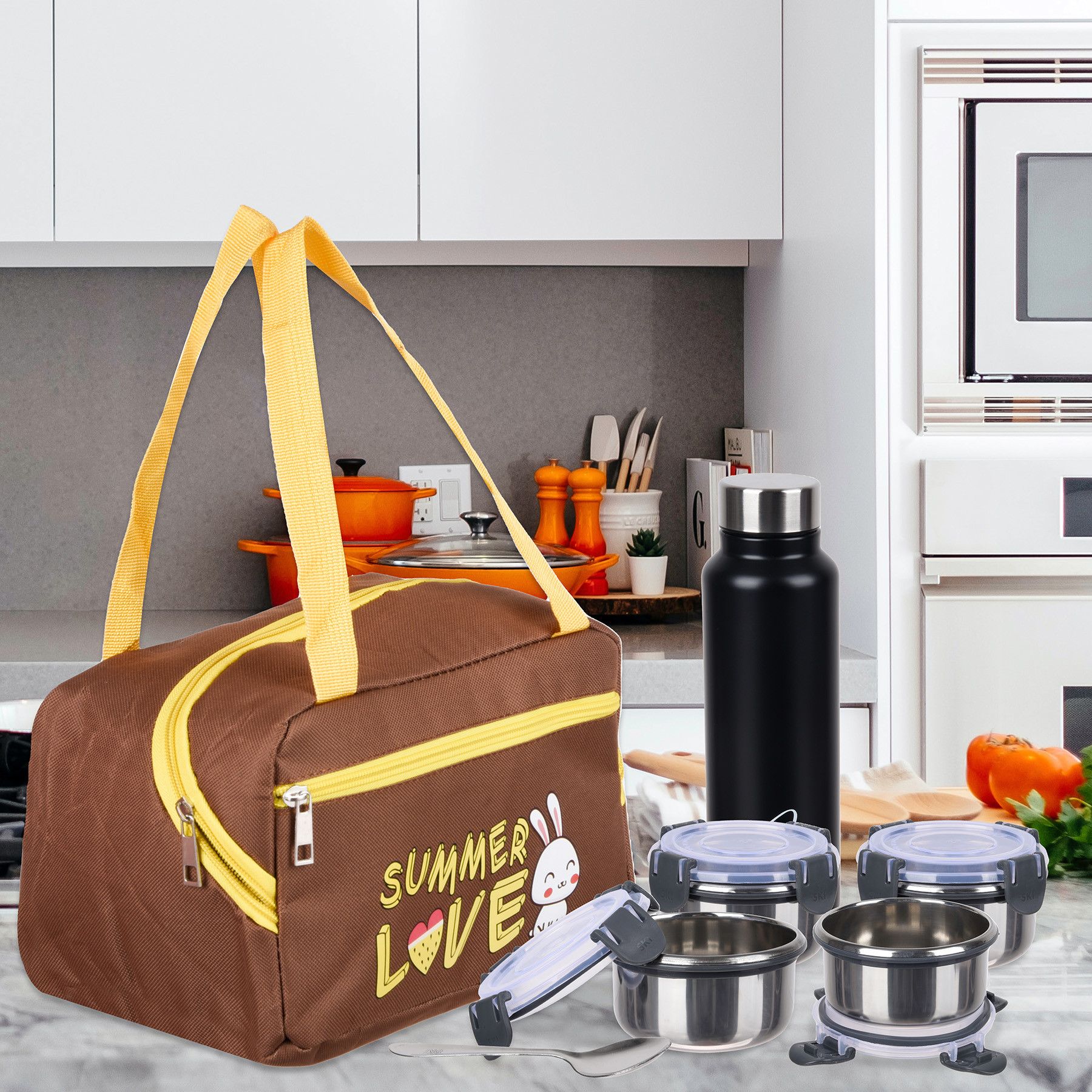 Kuber Industries Lunch Bag | Insulated Lunch Bag | Lunch Bag for Office | Lunch Bag for Camping with Front Pocket | Waterproof Tiffin Cover with Handle | Summer Rabbit | Brown