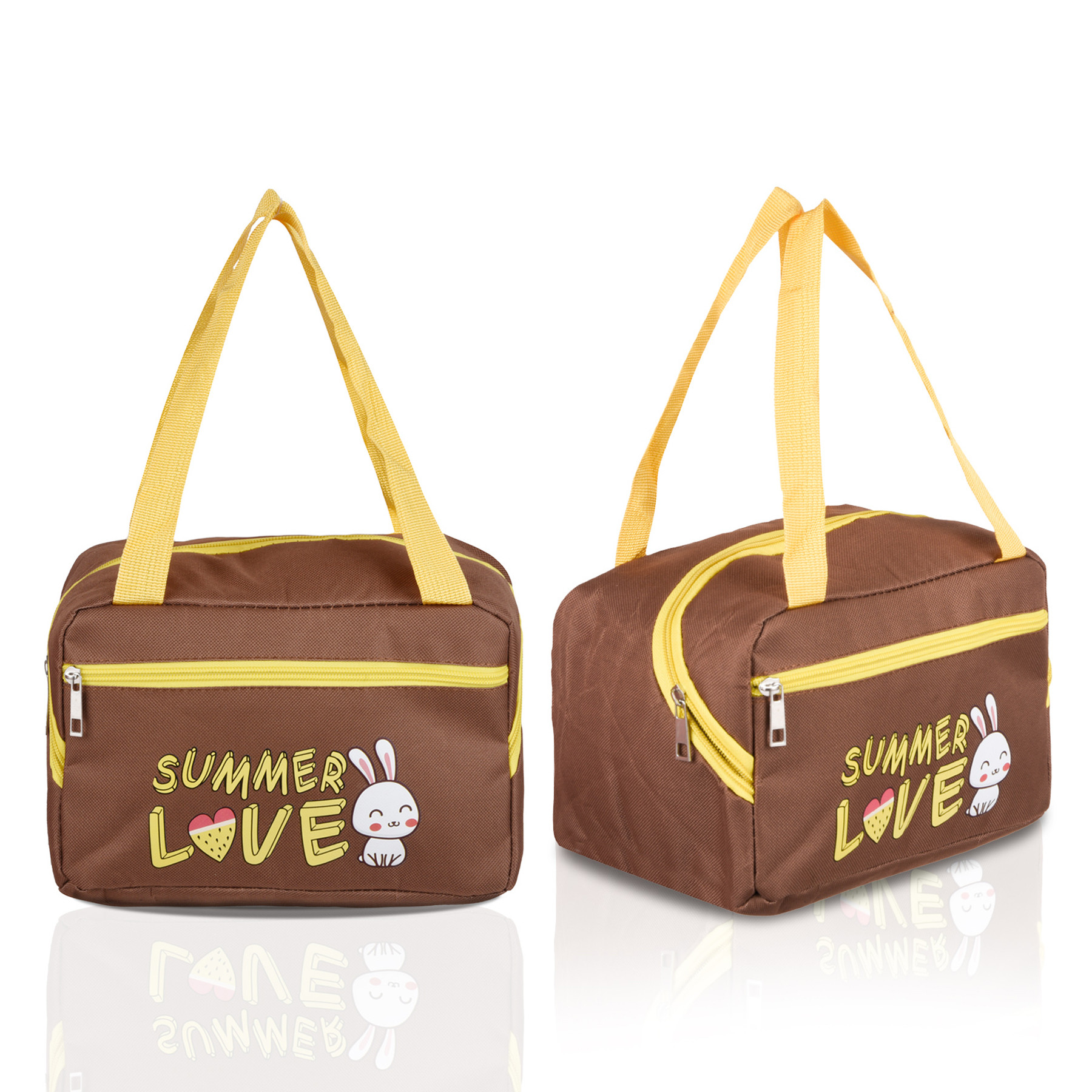 Kuber Industries Lunch Bag | Insulated Lunch Bag | Lunch Bag for Office | Lunch Bag for Camping with Front Pocket | Waterproof Tiffin Cover with Handle | Summer Rabbit | Brown