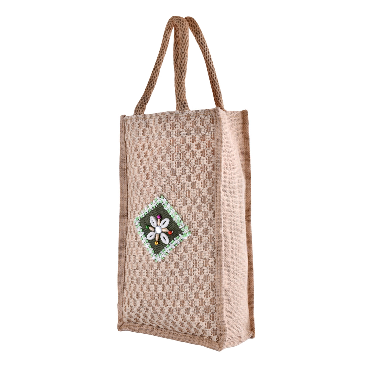 Kuber Industries Lunch Bag  Jute Carry Bag  Lunch Handbag  Lunch Bags for office  Reusable Lunch Bag with Handle  Tiffin Carry Patch Hand Bag  Small  Brown