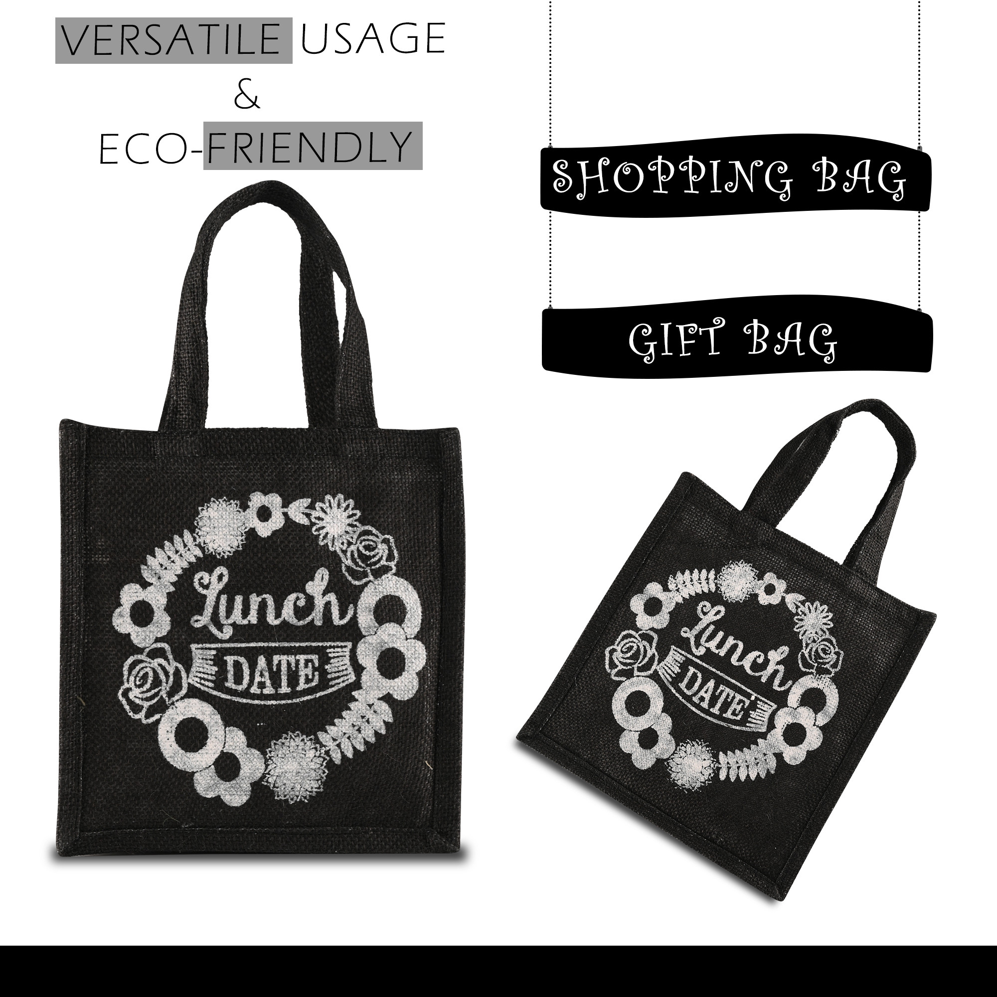 Kuber Industries Lunch Bag  Jute Carry Bag  Lunch Handbag  Lunch Bags for office  Reusable Lunch Bag with Handle  Tiffin Carry Hand Bag  Lunch Bag for School  Lunch Date  Small  Black
