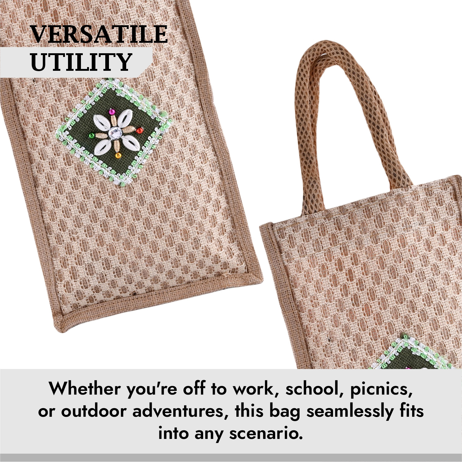 Kuber Industries Lunch Bag | Jute Carry Bag | Lunch Handbag | Lunch Bags for office | Reusable Lunch Bag with Handle | Tiffin Carry Patch Hand Bag | Small | Brown