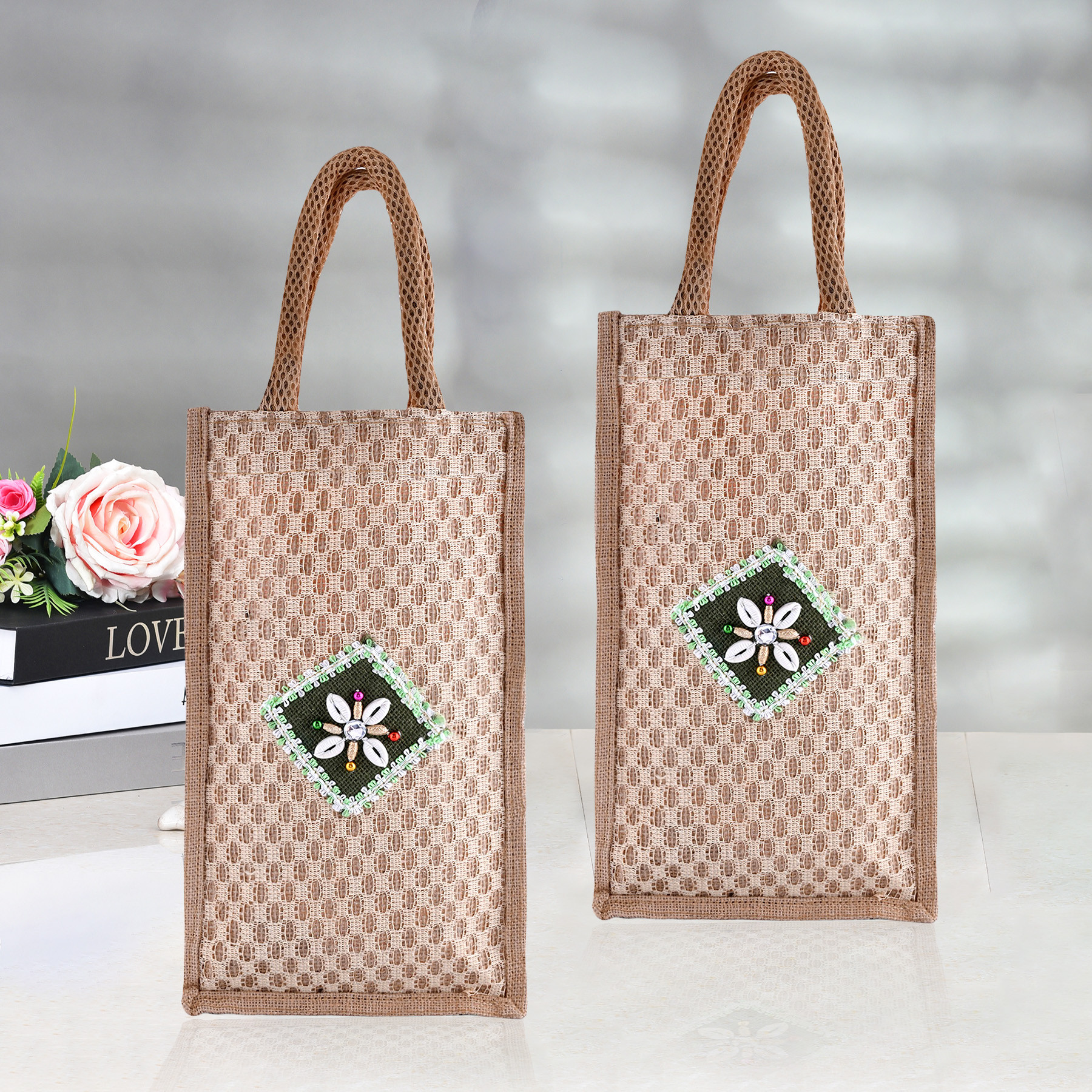Kuber Industries Lunch Bag | Jute Carry Bag | Lunch Handbag | Lunch Bags for office | Reusable Lunch Bag with Handle | Tiffin Carry Patch Hand Bag | Small | Brown