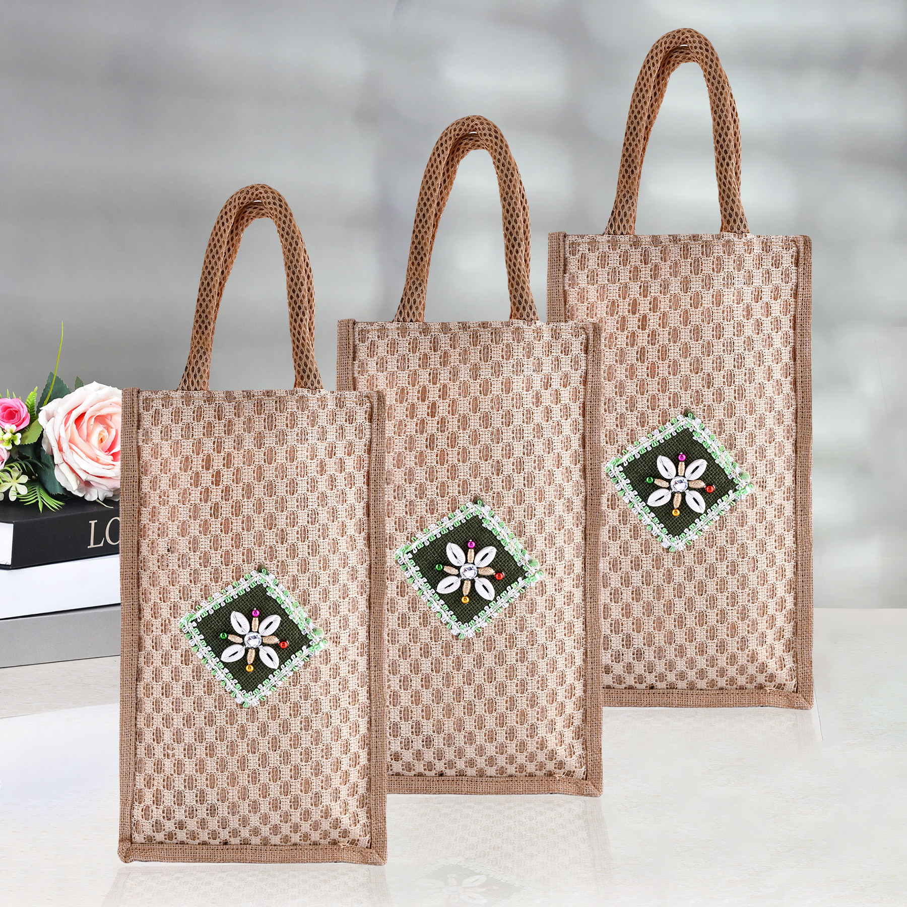 Kuber Industries Lunch Bag | Jute Carry Bag | Lunch Handbag | Lunch Bags for office | Reusable Lunch Bag with Handle | Tiffin Carry Patch Hand Bag | Small | Brown
