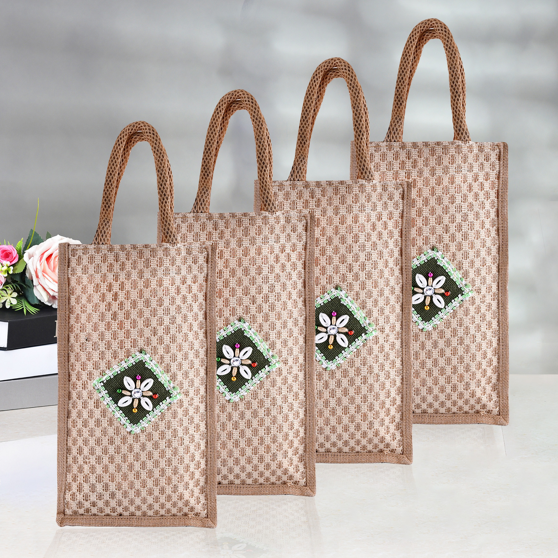 Kuber Industries Lunch Bag | Jute Carry Bag | Lunch Handbag | Lunch Bags for office | Reusable Lunch Bag with Handle | Tiffin Carry Patch Hand Bag | Small | Brown
