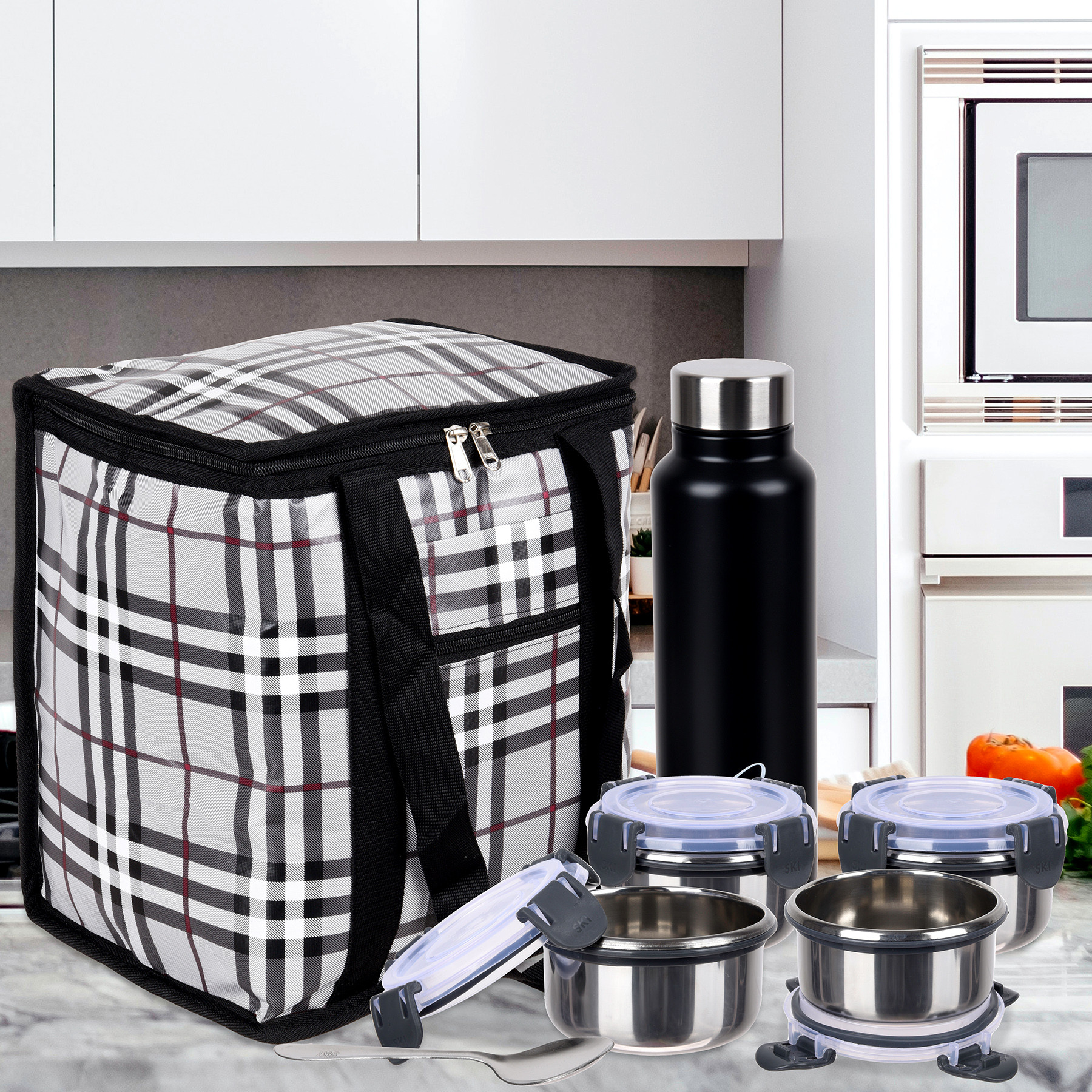 Kuber Industries Lunch Bag  Lunch Bag for Office  Lunch Bag for College  Reusable Lunch Bag  Lunch Bag for Adults  Front Pocket Lunch Bag  Check Lunch Bag  Gray