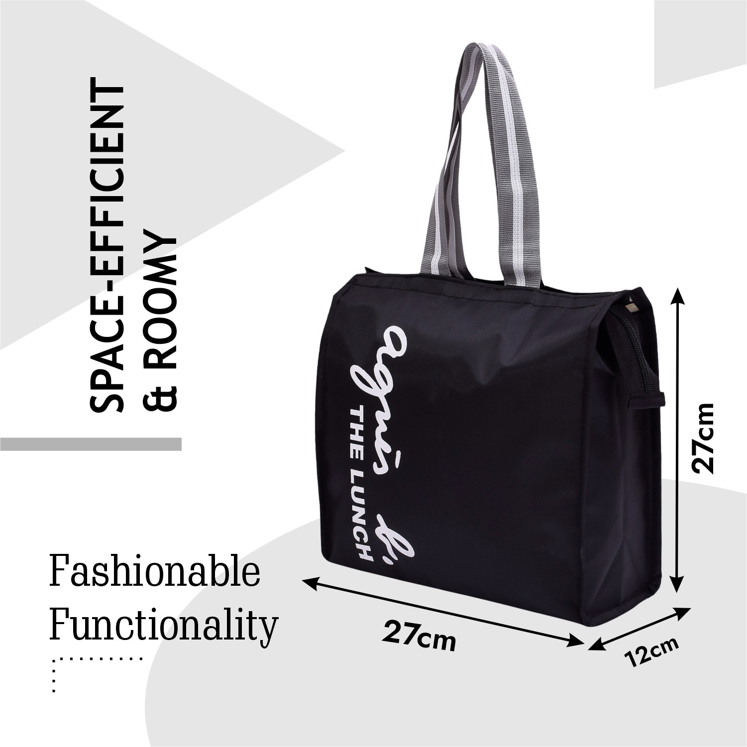 Kuber Industries Lunch Bag | Parachute Lunch Bag | Lunch Bag for Office | Lunch Bag for College | Lunch Bag for Adults | Zipper Lunch Bag with Handle | The Lunch Bag | Black