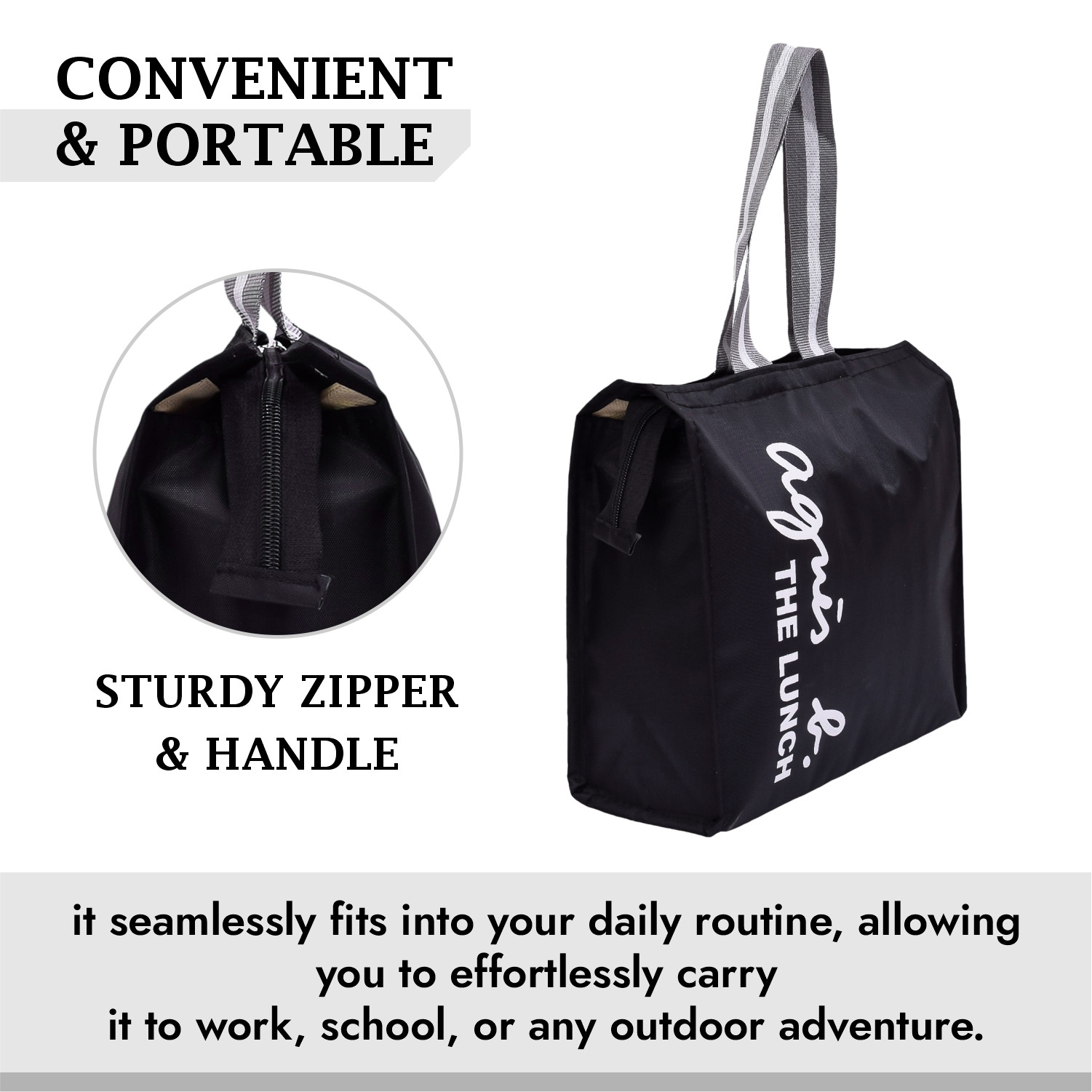 Kuber Industries Lunch Bag | Parachute Lunch Bag | Lunch Bag for Office | Lunch Bag for College | Lunch Bag for Adults | Zipper Lunch Bag with Handle | The Lunch Bag | Black