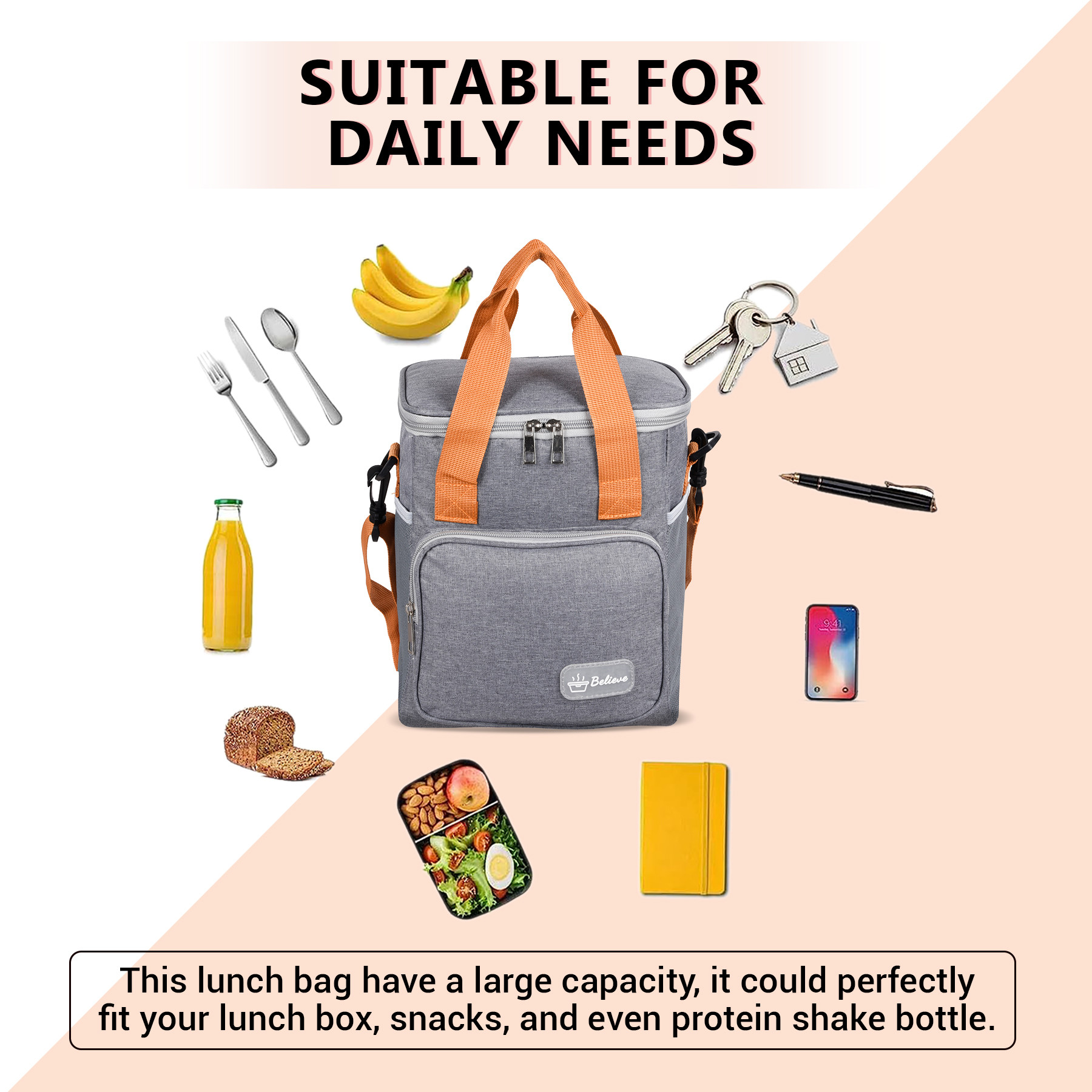 Kuber Industries Lunch Bag  Rexine Insulated Lunch Bag  Tiffin Bag with Bottle Holder  Waterproof Lunch Bag With Handle  Front Pocket Lunch Bag for Office  Believe-Design  Gray