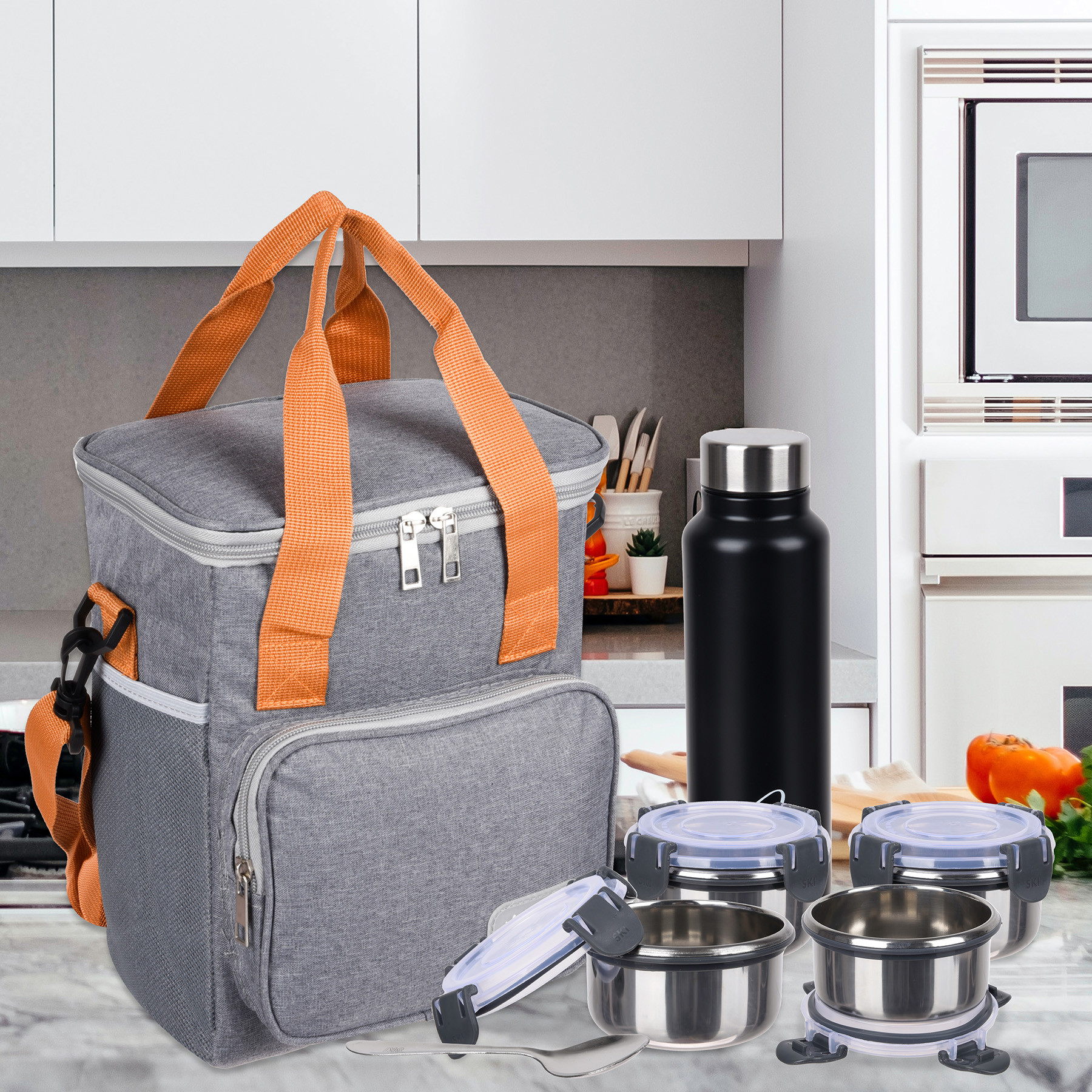 Kuber Industries Lunch Bag  Rexine Insulated Lunch Bag  Tiffin Bag with Bottle Holder  Waterproof Lunch Bag With Handle  Front Pocket Lunch Bag for Office  Believe-Design  Gray