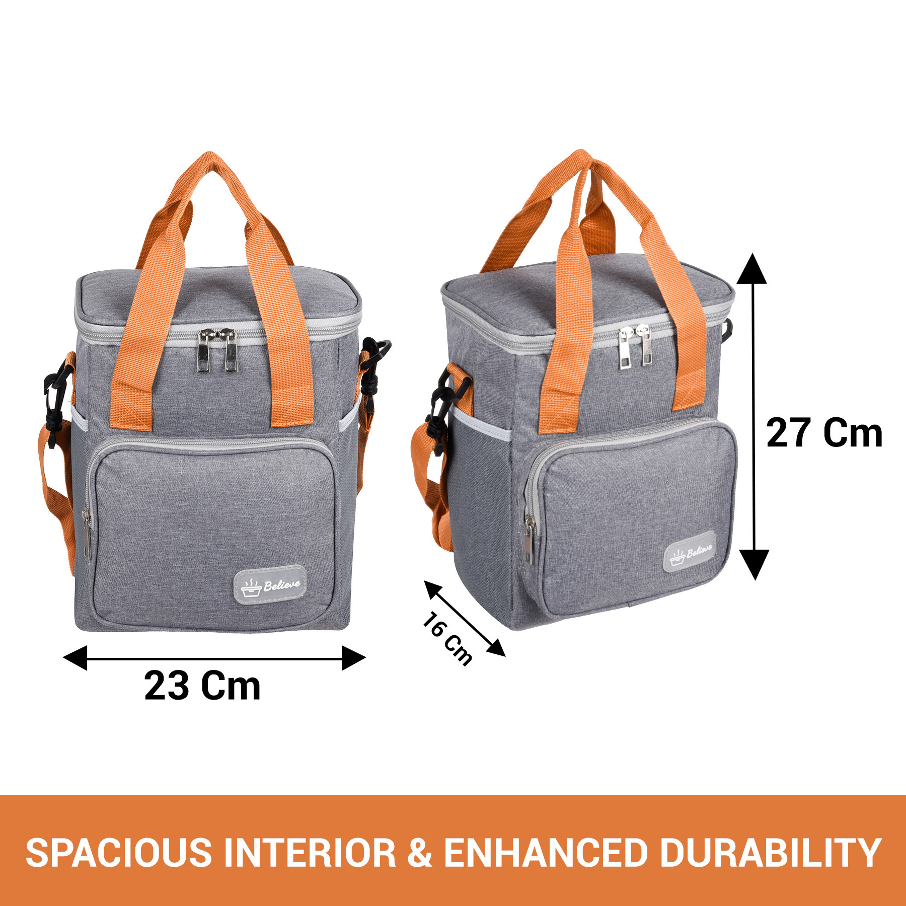 Kuber Industries Lunch Bag | Rexine Insulated Lunch Bag | Tiffin Bag with Bottle Holder | Waterproof Lunch Bag With Handle | Front Pocket Lunch Bag for Office | Believe-Design | Gray