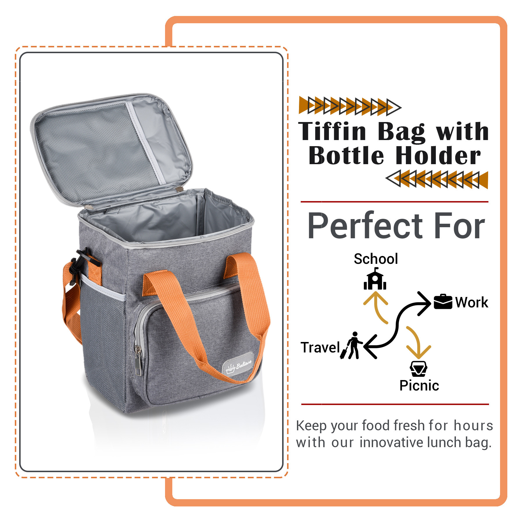 Kuber Industries Lunch Bag | Rexine Insulated Lunch Bag | Tiffin Bag with Bottle Holder | Waterproof Lunch Bag With Handle | Front Pocket Lunch Bag for Office | Believe-Design | Gray