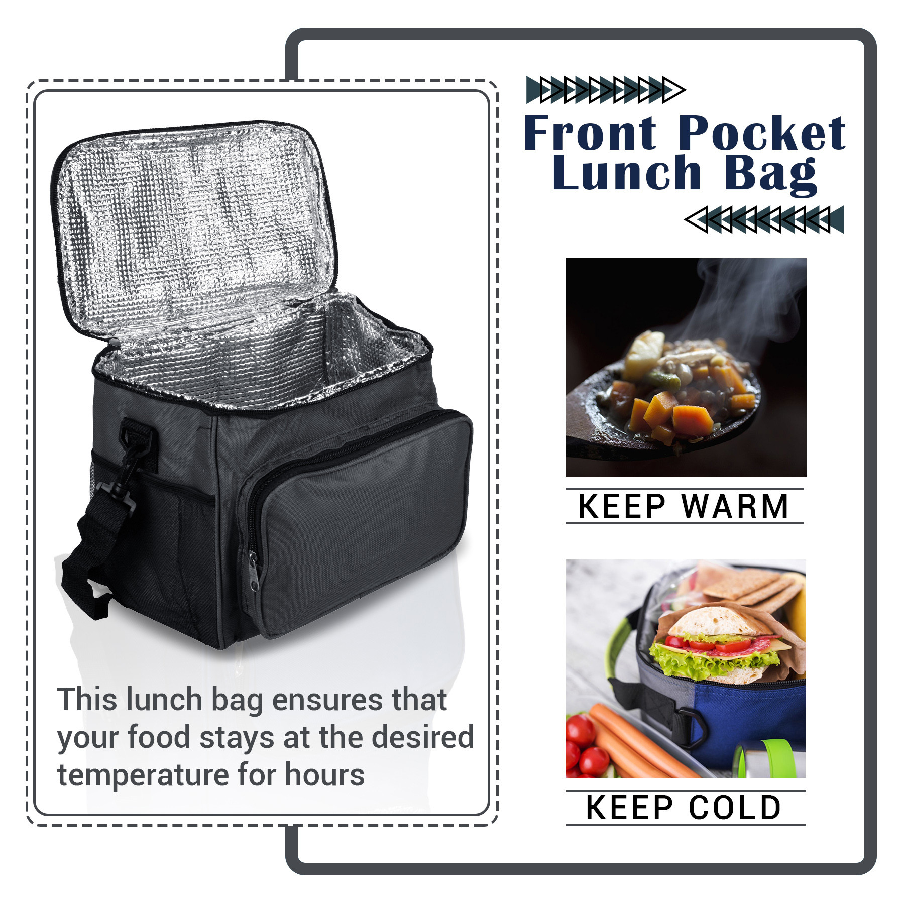 Kuber Industries Lunch Bag  Rexine Thermal Insulated Lunch Bag  Tiffin Bag with Bottle Holder  Waterproof Top Handle Lunch Bag  Front Pocket Lunch Bag for Office  Gray