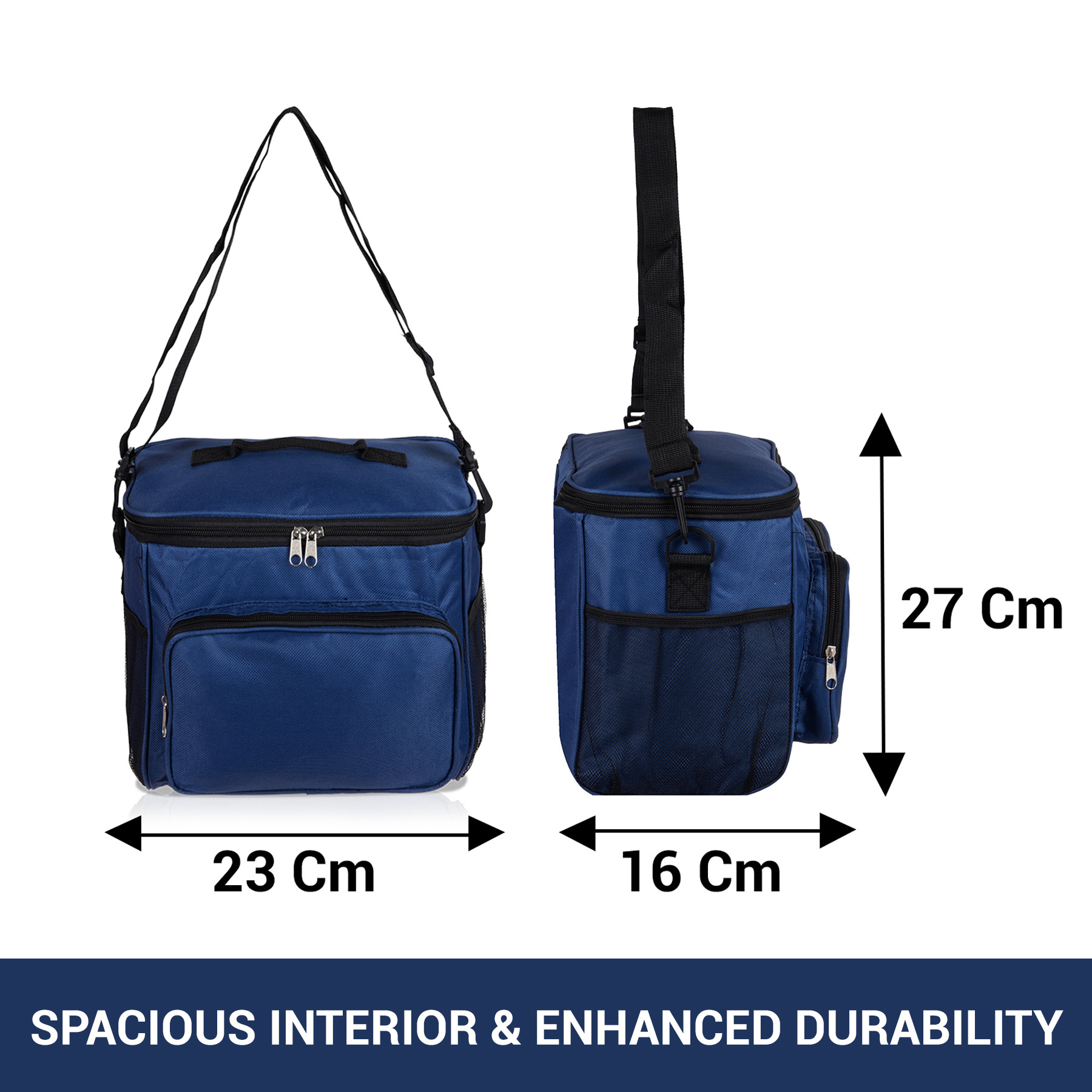 Kuber Industries Lunch Bag | Rexine Thermal Insulated Lunch Bag | Tiffin Bag with Bottle Holder | Waterproof Top Handle Lunch Bag | Front Pocket Lunch Bag for Office | Blue