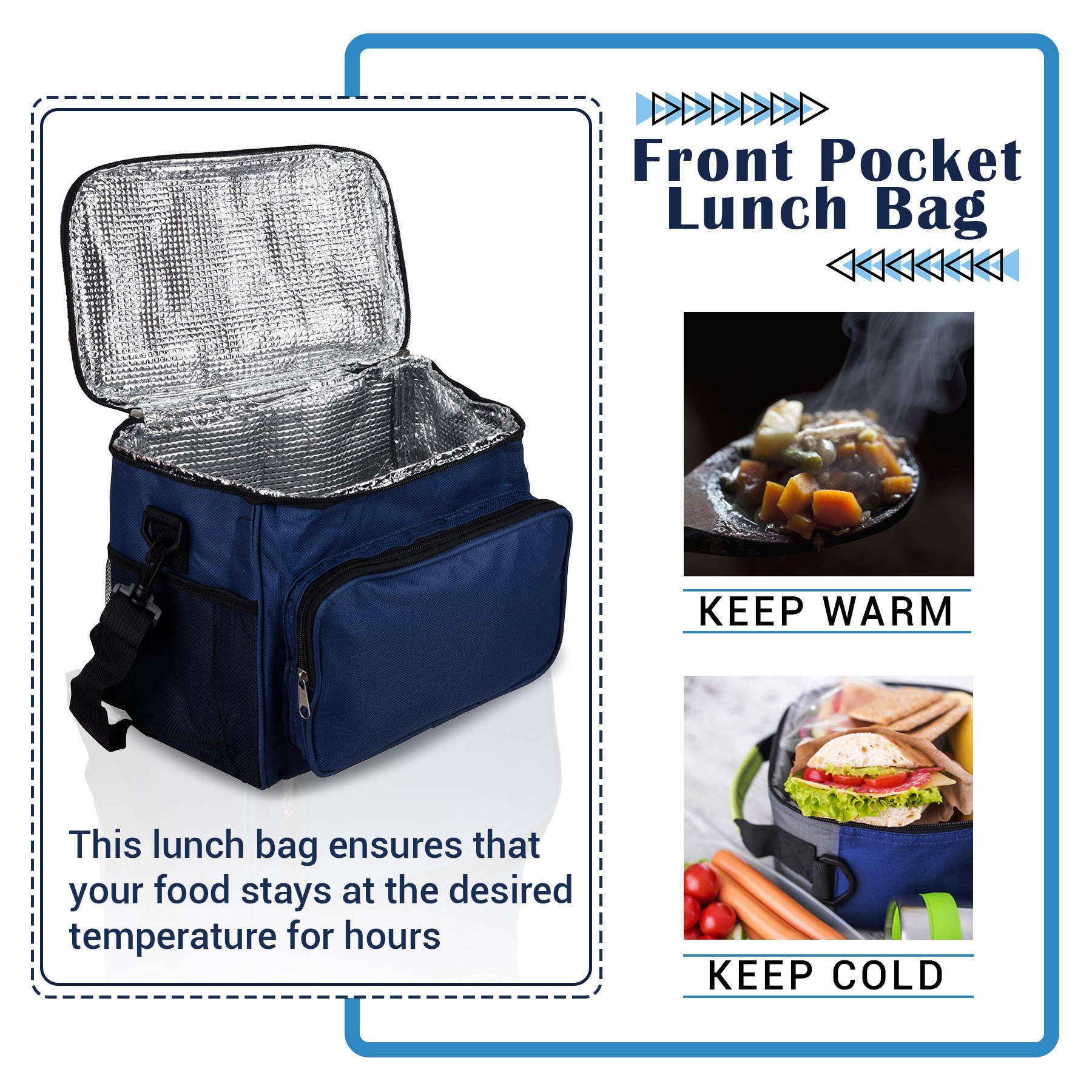 Kuber Industries Lunch Bag | Rexine Thermal Insulated Lunch Bag | Tiffin Bag with Bottle Holder | Waterproof Top Handle Lunch Bag | Front Pocket Lunch Bag for Office | Blue