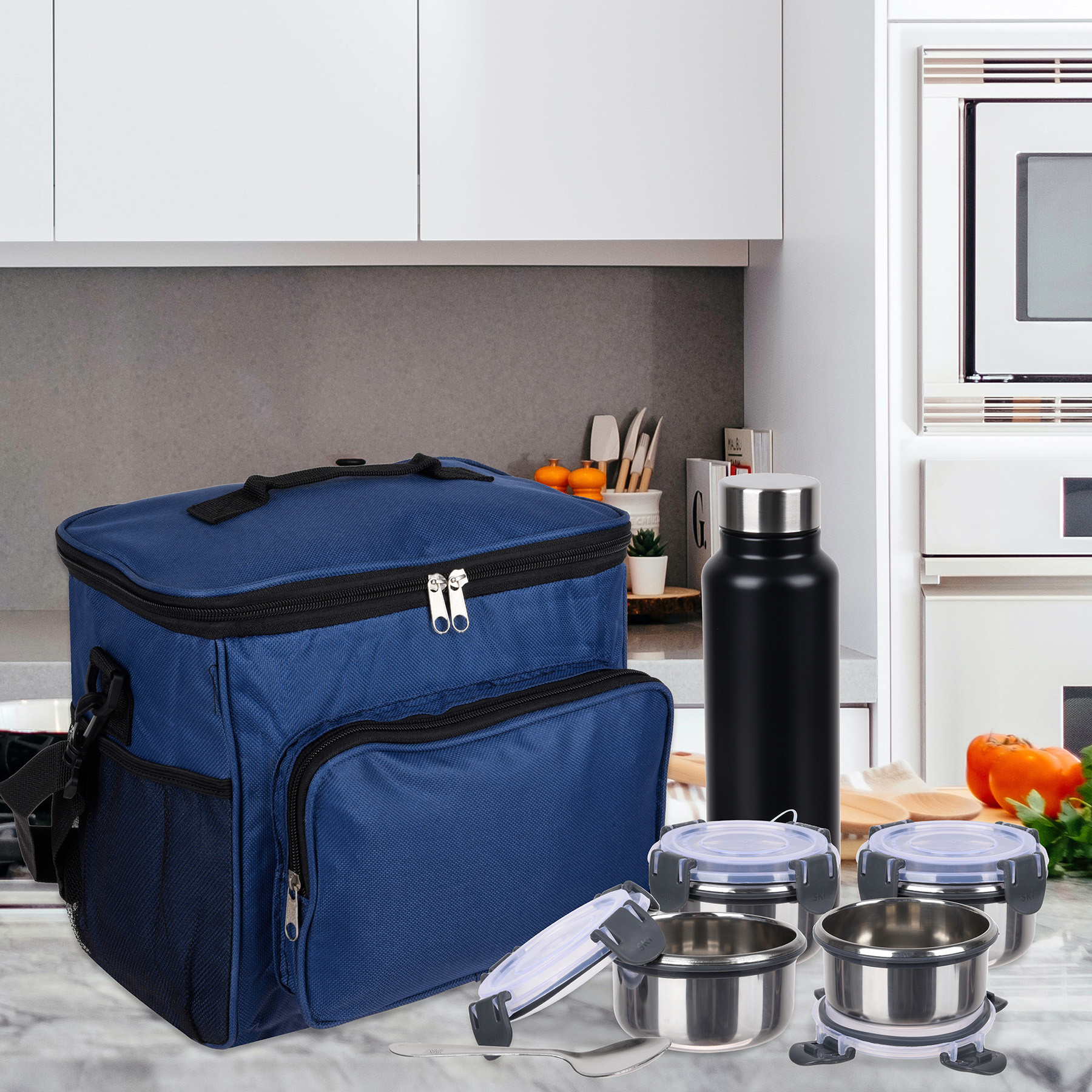 Kuber Industries Lunch Bag | Rexine Thermal Insulated Lunch Bag | Tiffin Bag with Bottle Holder | Waterproof Top Handle Lunch Bag | Front Pocket Lunch Bag for Office | Blue