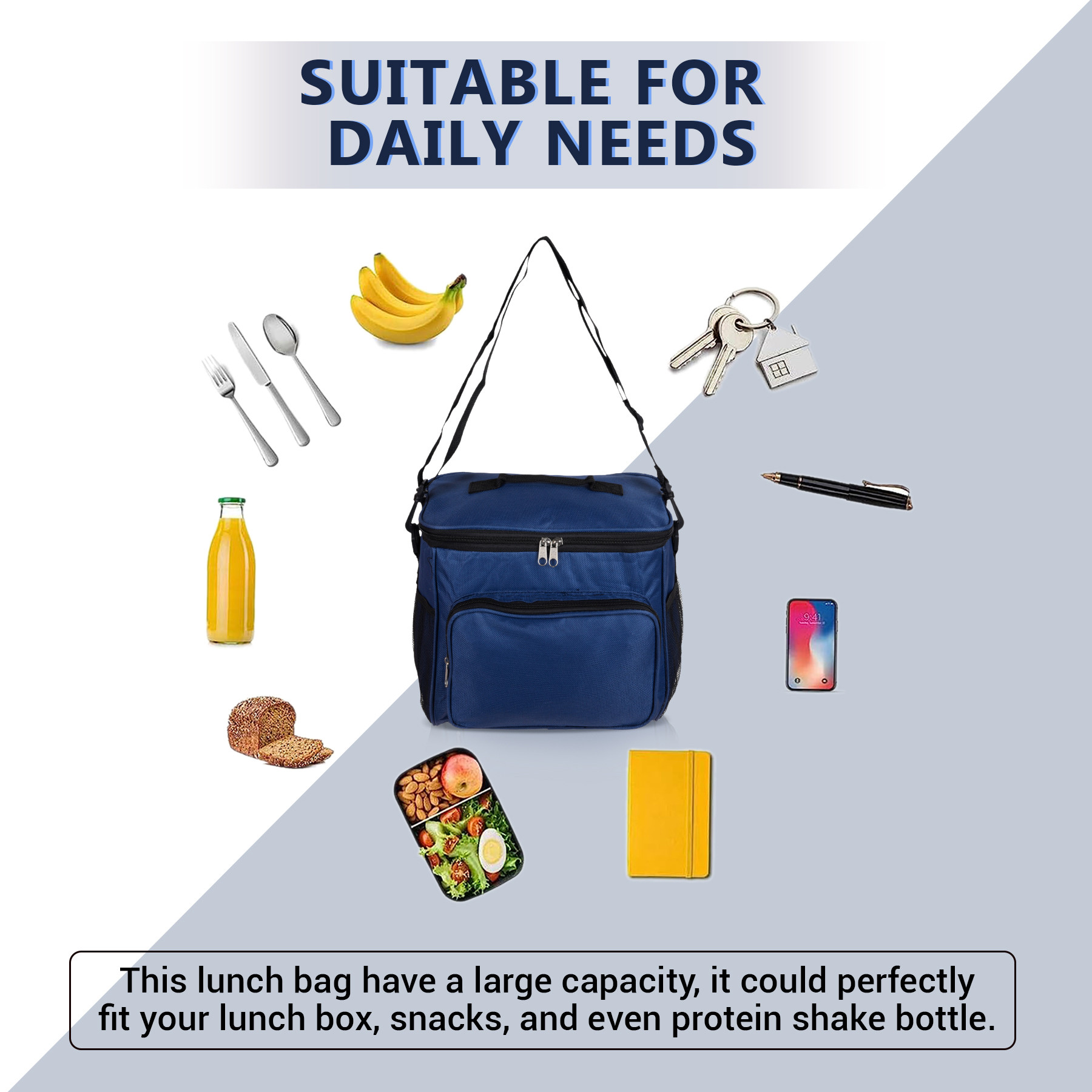 Kuber Industries Lunch Bag | Rexine Thermal Insulated Lunch Bag | Tiffin Bag with Bottle Holder | Waterproof Top Handle Lunch Bag | Front Pocket Lunch Bag for Office | Blue
